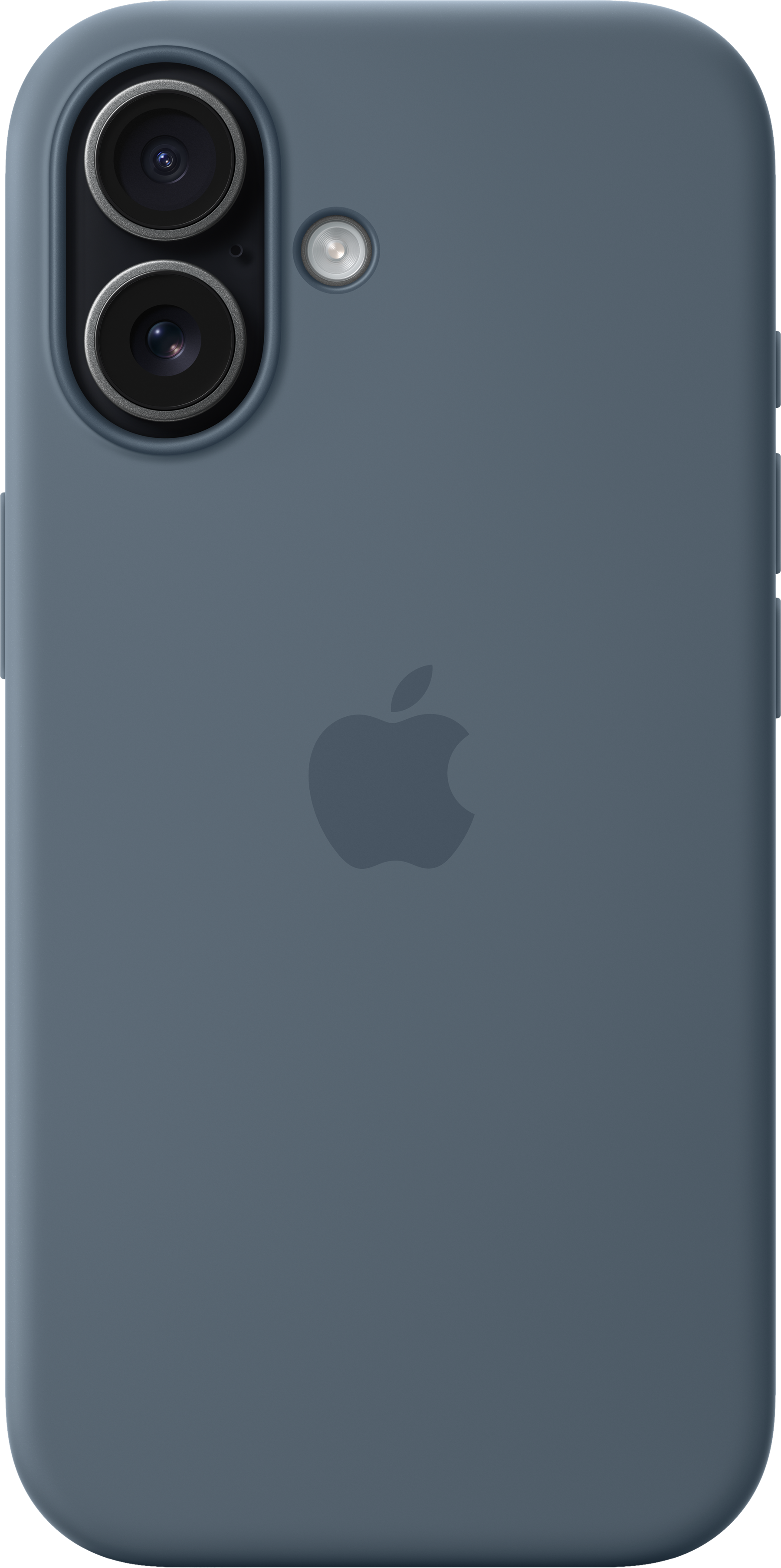 Una custodia blu per iPhone con logo Apple. Ha due lenti della fotocamera e un flash in alto a sinistra.