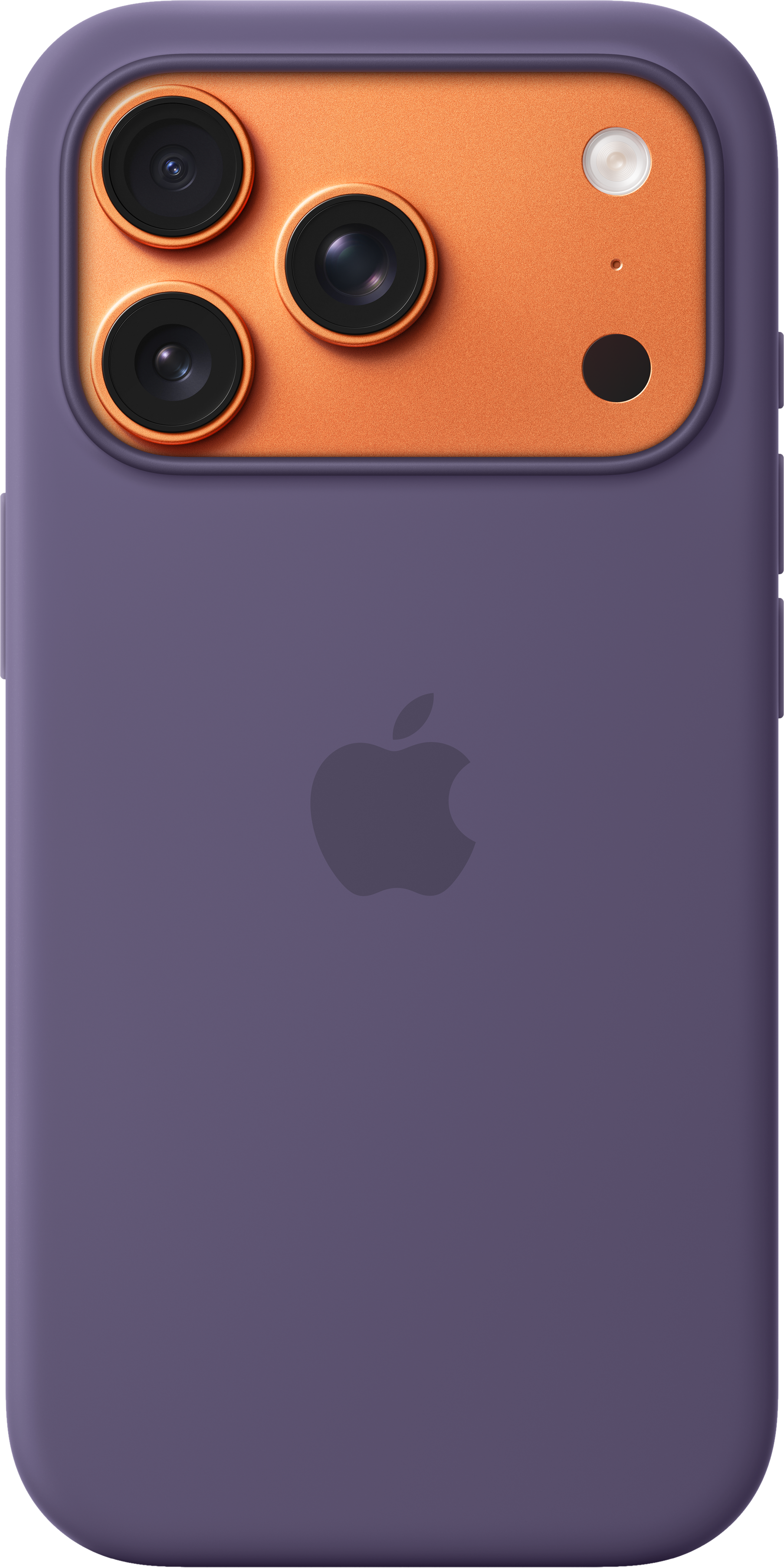 Custodia per telefono viola con area fotocamera arancione. Presenta tre lenti, un flash e il logo Apple.