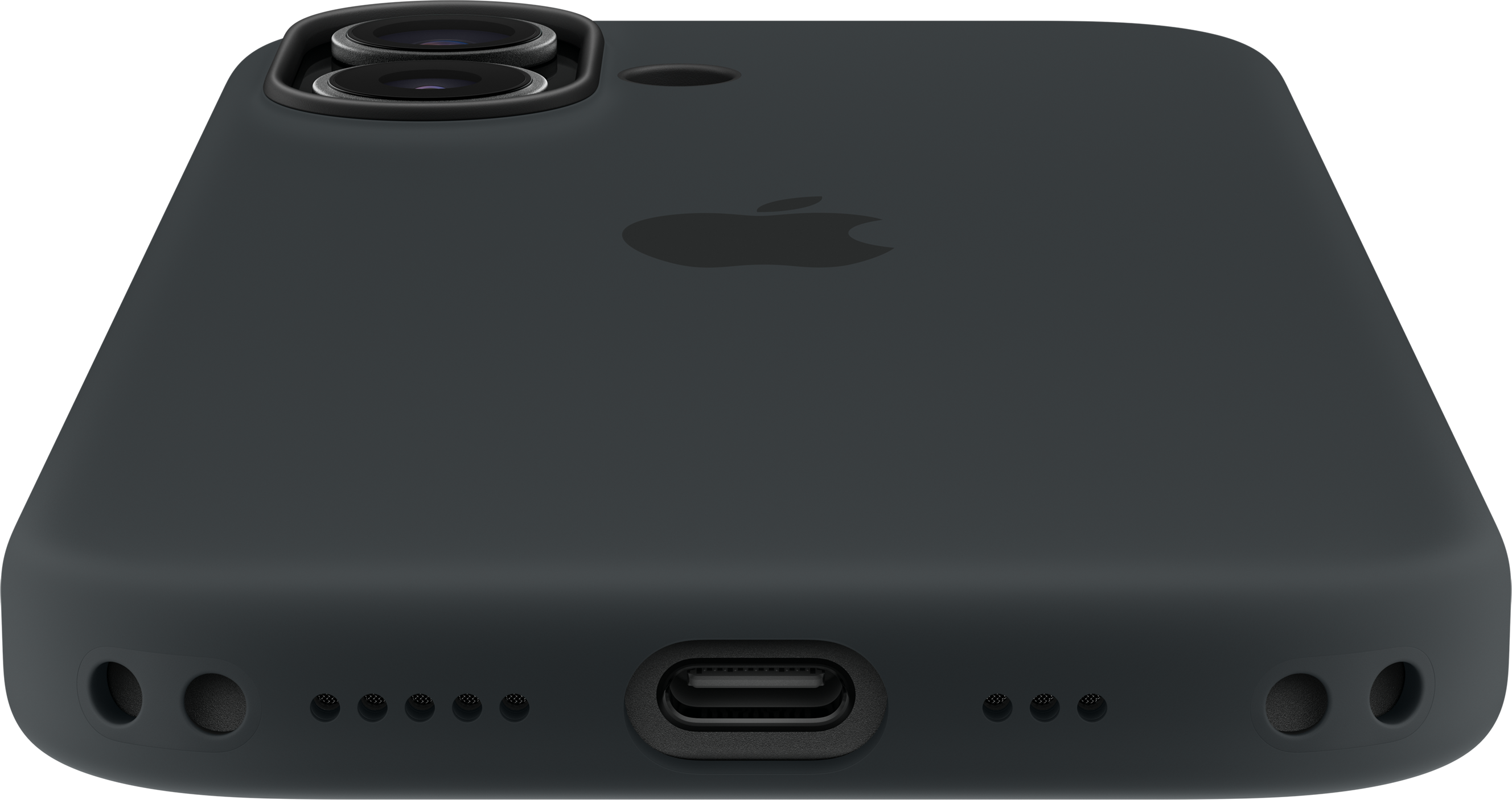 Nahaufnahme eines dunkelgrauen Telefons. Zu sehen sind Kameralinsen, Ladeanschluss, Lautsprecher und das Apple-Logo.