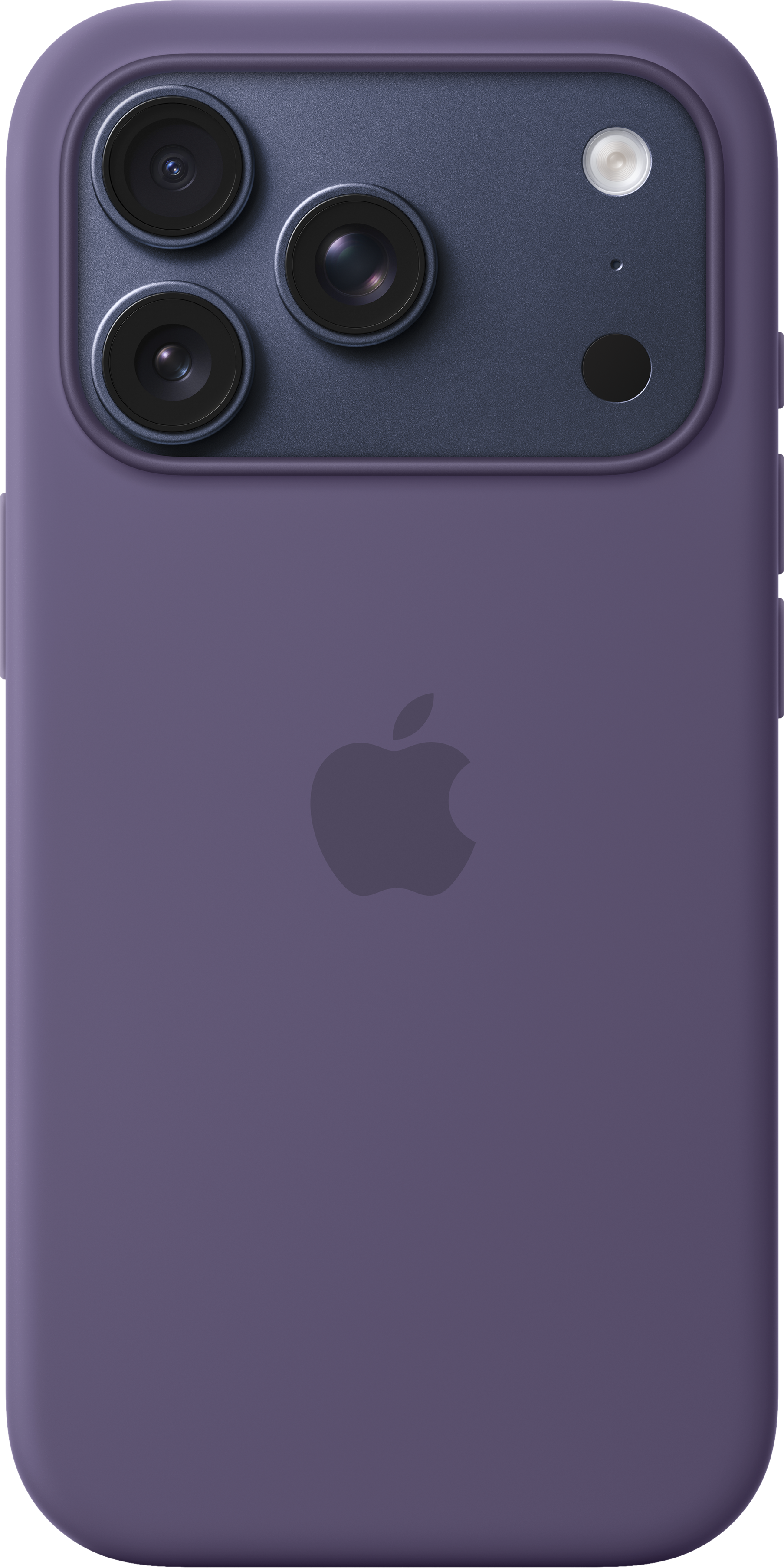 Retro di un iPhone viola con tre obiettivi, un flash e il logo Apple. È un primo piano.