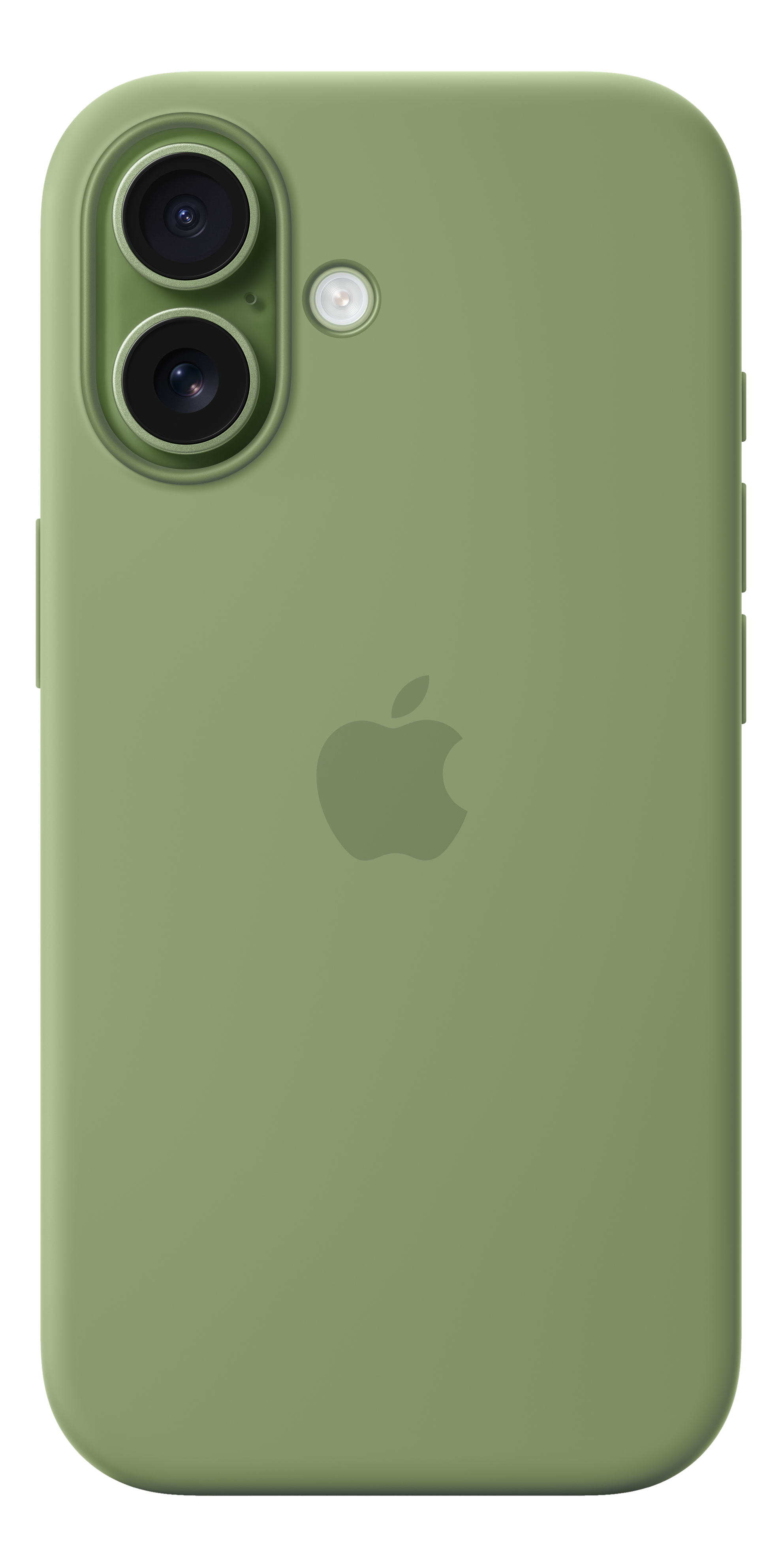 Custodia verde per telefono con lenti della fotocamera, flash e logo Apple su sfondo nero. La custodia è verde oliva.