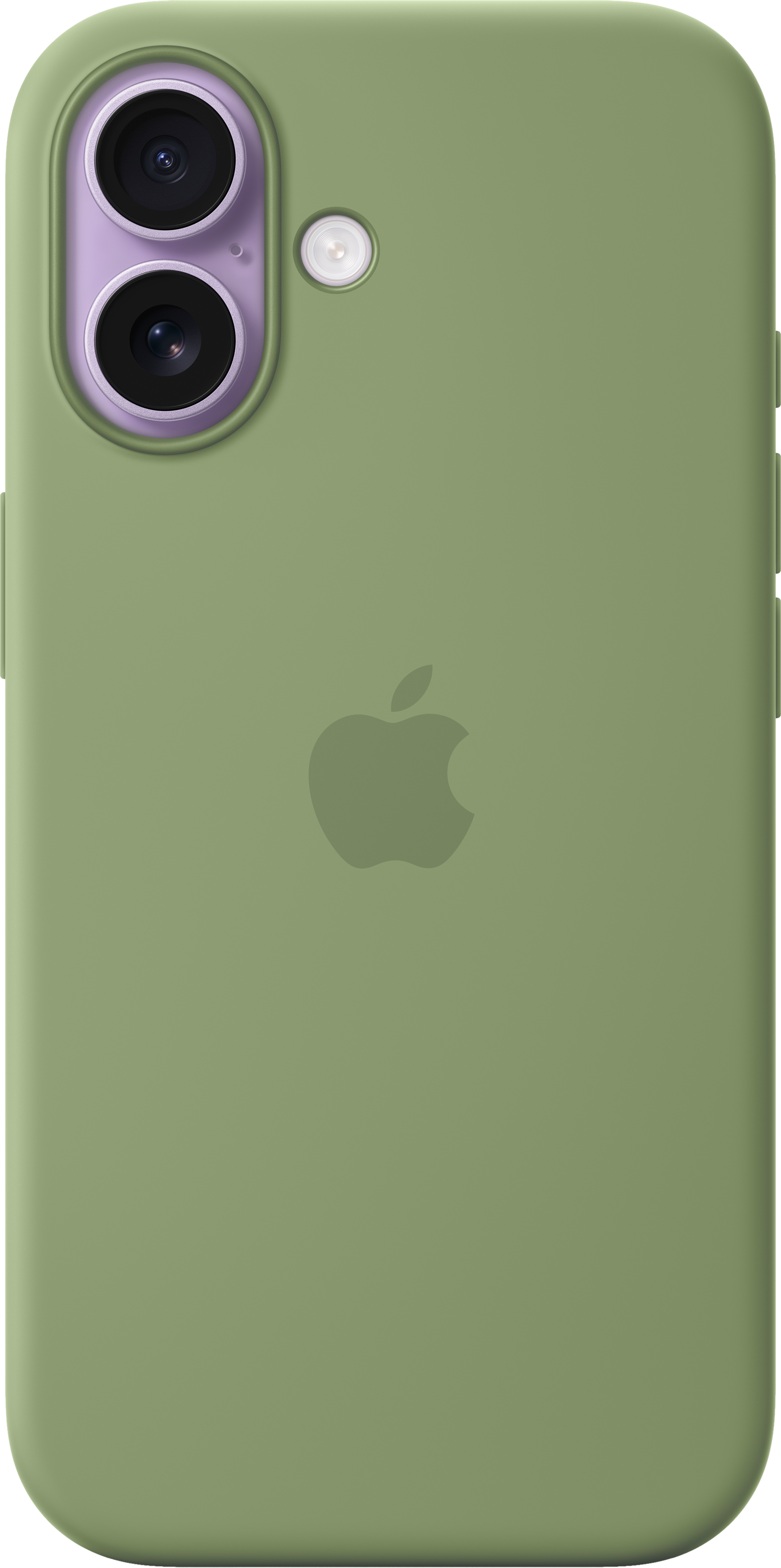 Custodia verde per iPhone con doppia fotocamera, flash e logo Apple. Verde tenue. Sfondo nero.