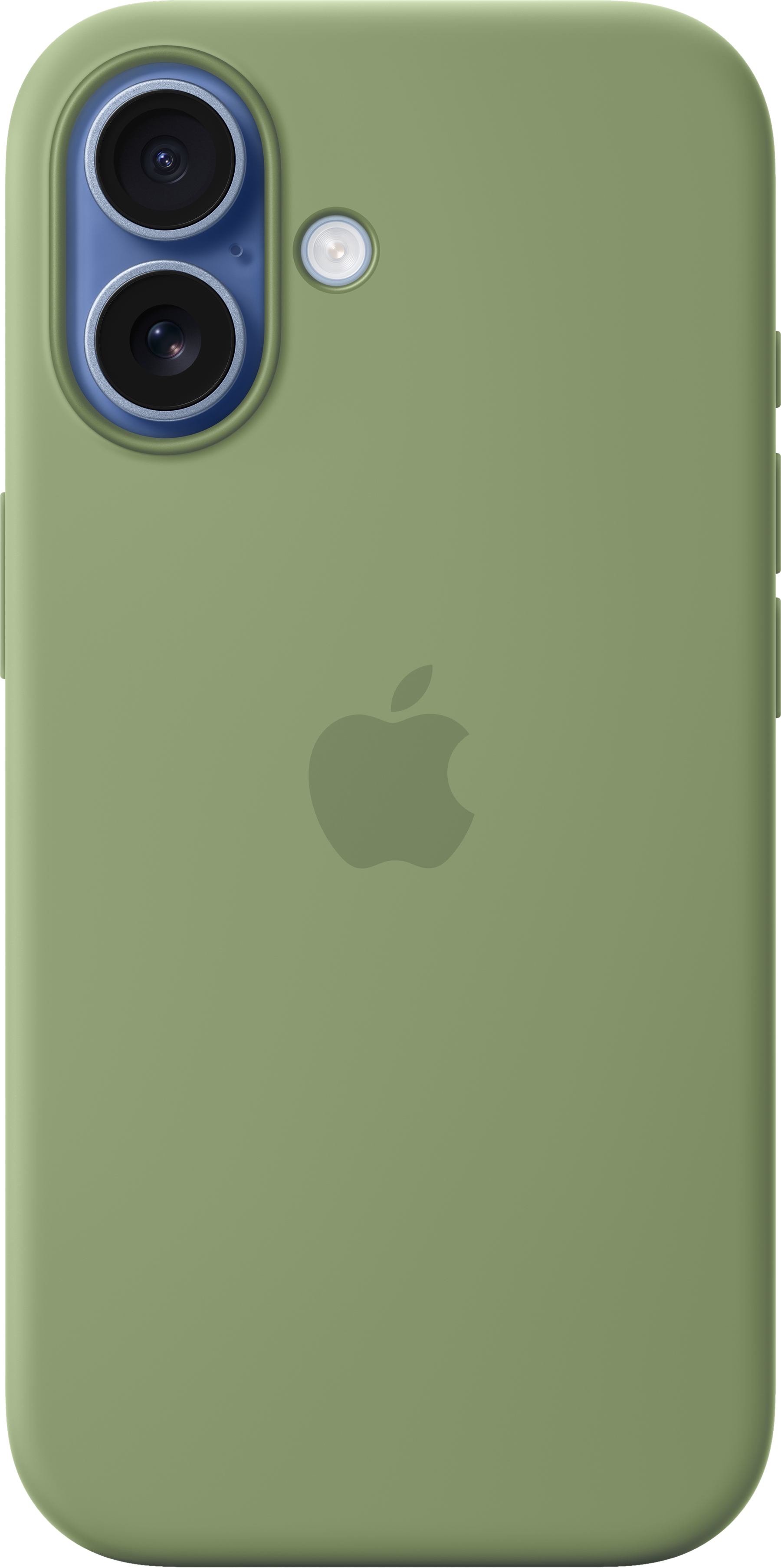 Una custodia per iPhone verde oliva con configurazione a doppia fotocamera e logo Apple. Superficie liscia.