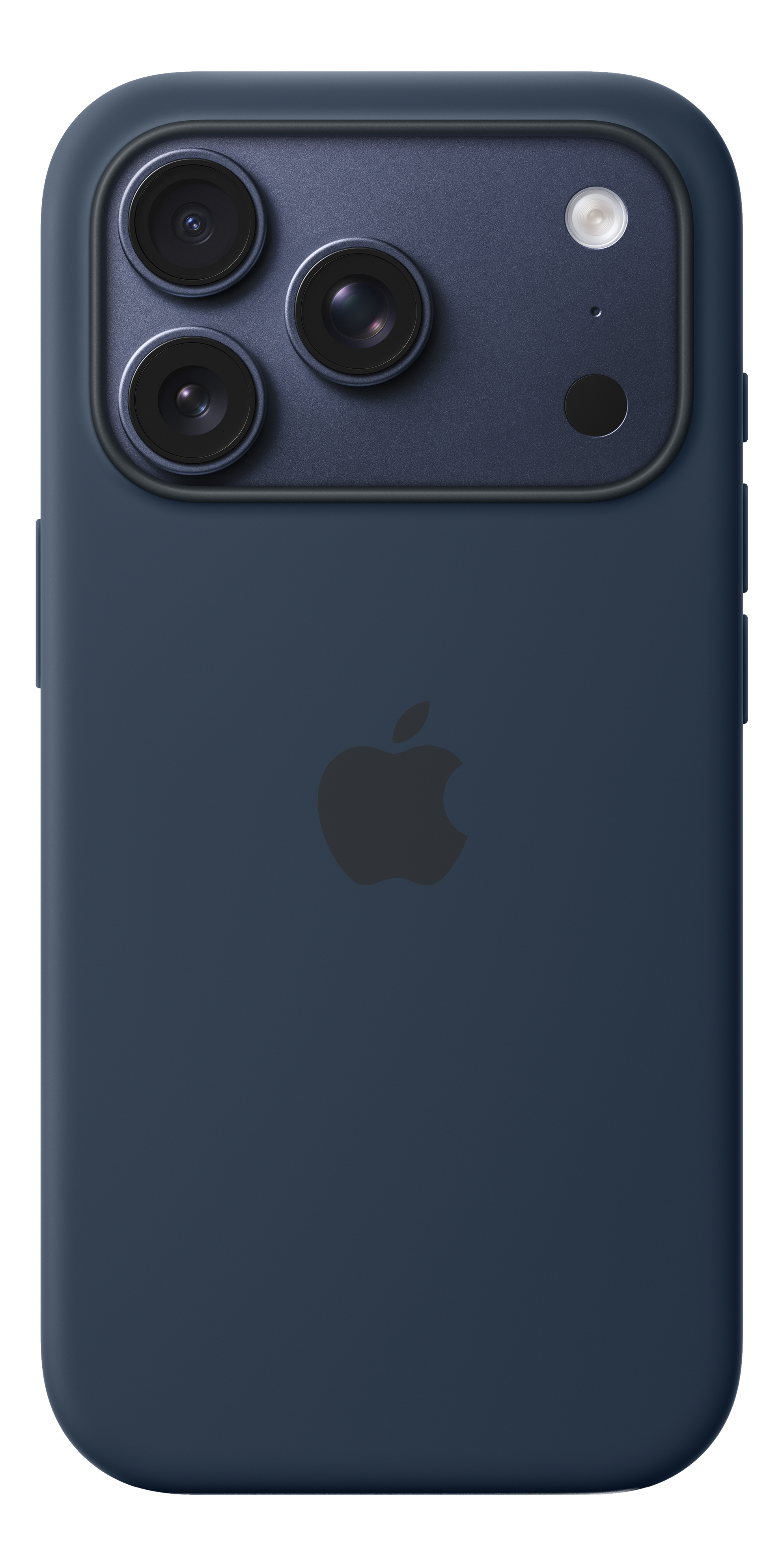 Retro iPhone blu navy con tripla fotocamera, flash e logo Apple. Sfondo scuro.