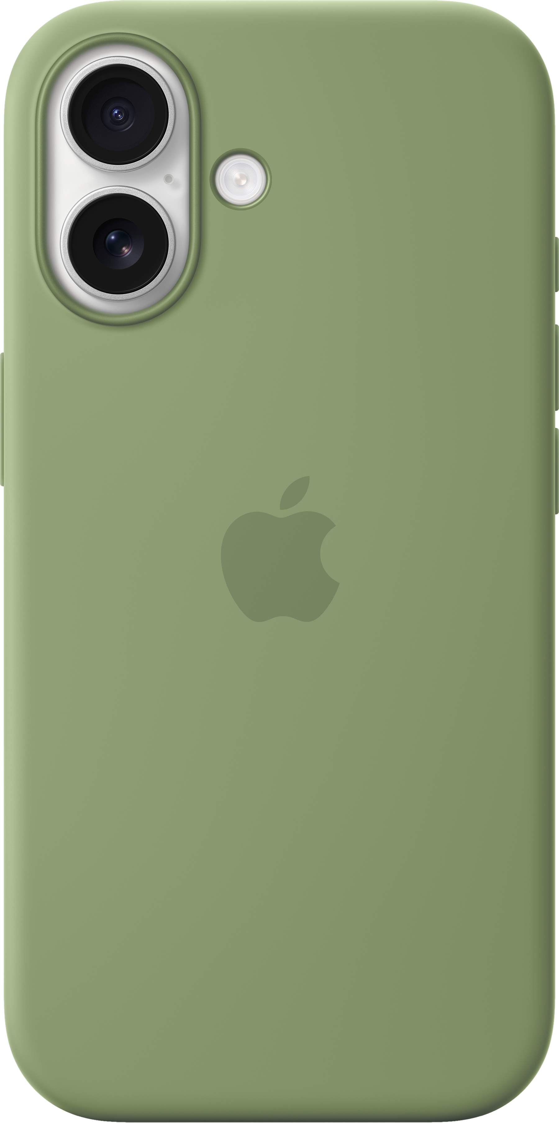 Custodia iPhone verde oliva. Con fori per fotocamera, logo Apple e tasti. Finitura opaca liscia.