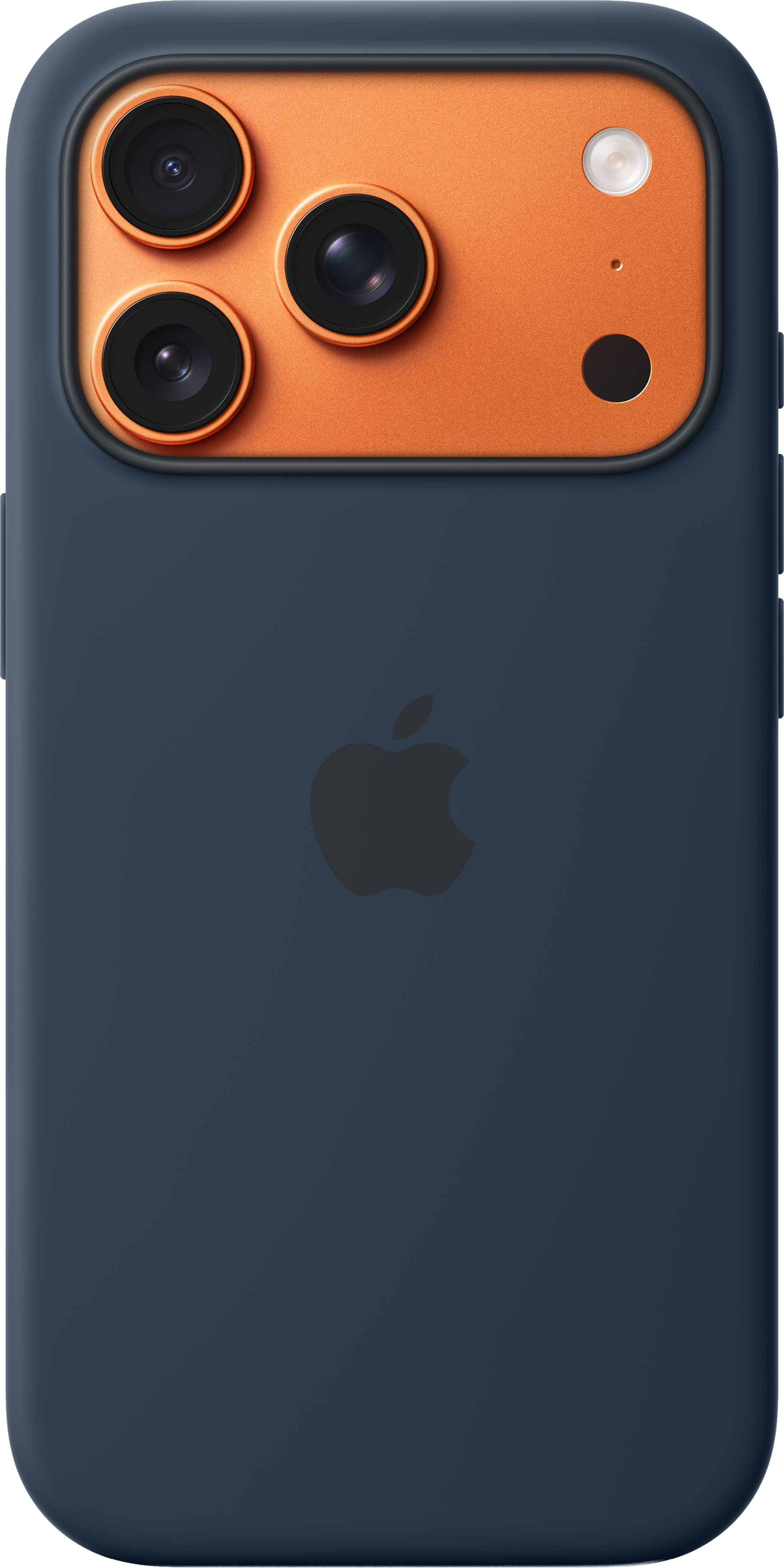 Custodia per telefono blu scuro con sporgenza della fotocamera arancione. Tre obiettivi, un flash e il logo Apple sono visibili. Bordo nero attorno alla fotocamera.