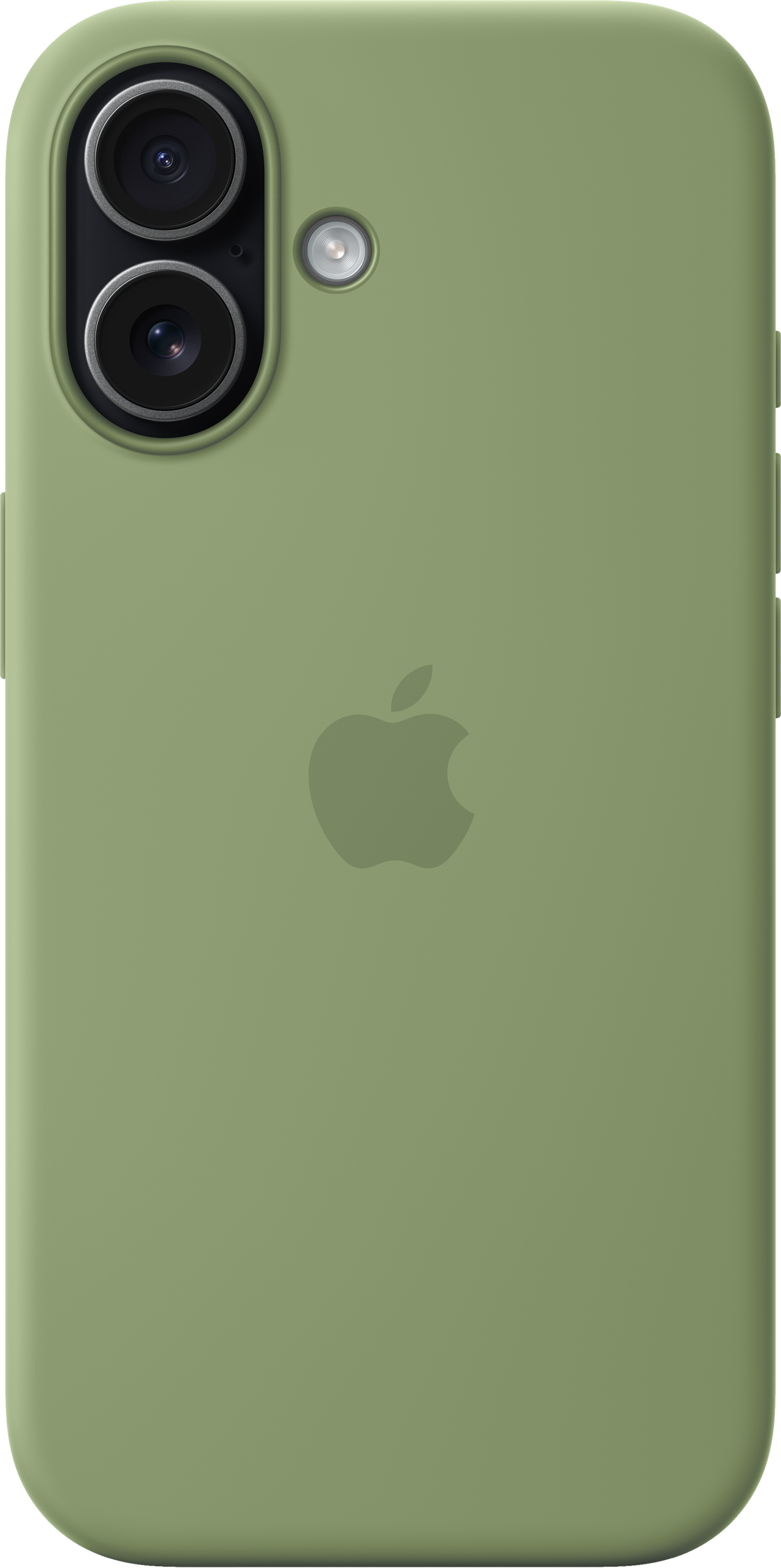 Custodia verde per telefono con doppia fotocamera e logo Apple. La custodia è verde oliva. La fotocamera è nera.