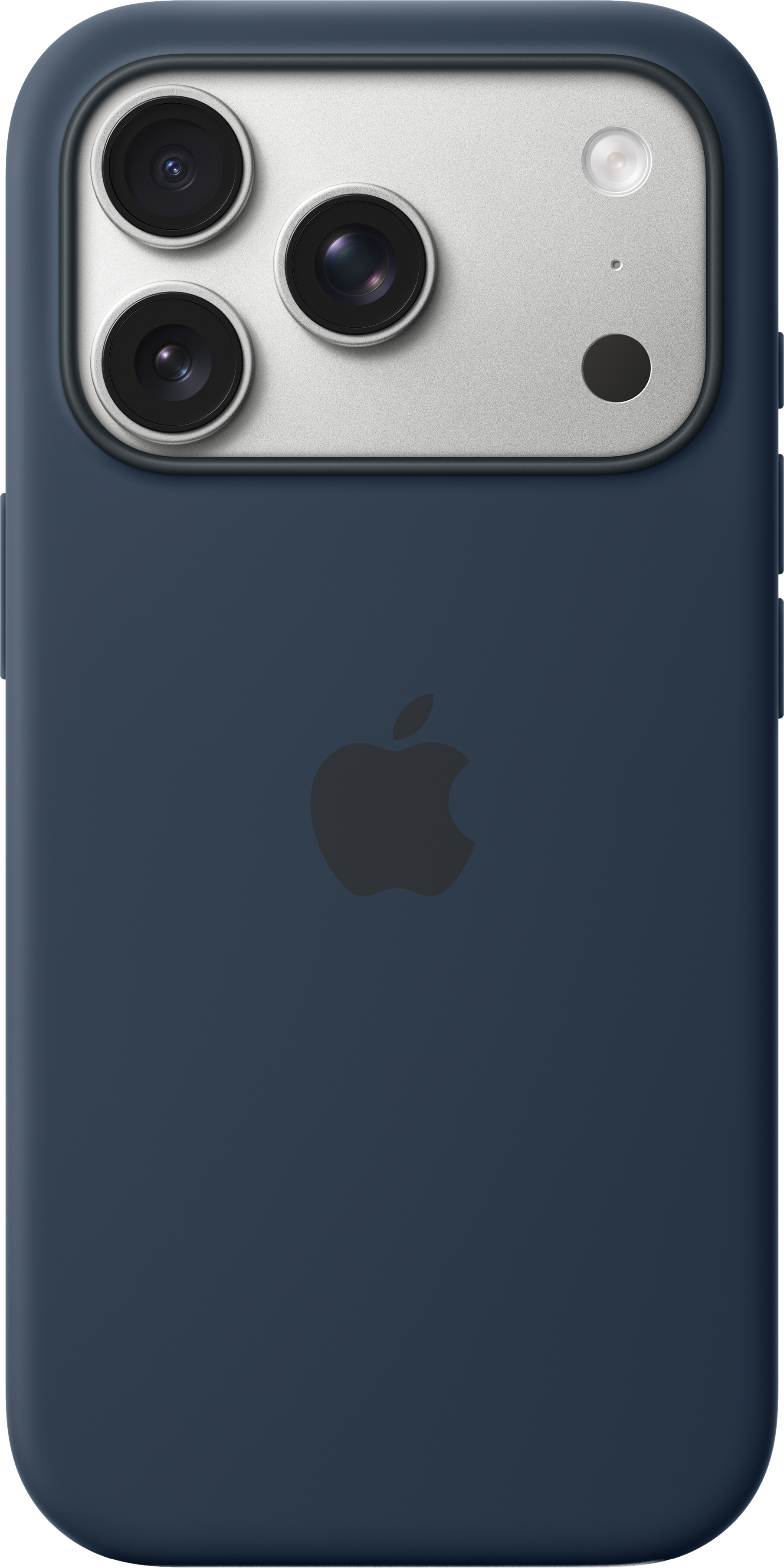 Primo piano di una custodia per iPhone blu scuro. Presenta un array di fotocamere in alto, logo Apple e un design elegante.