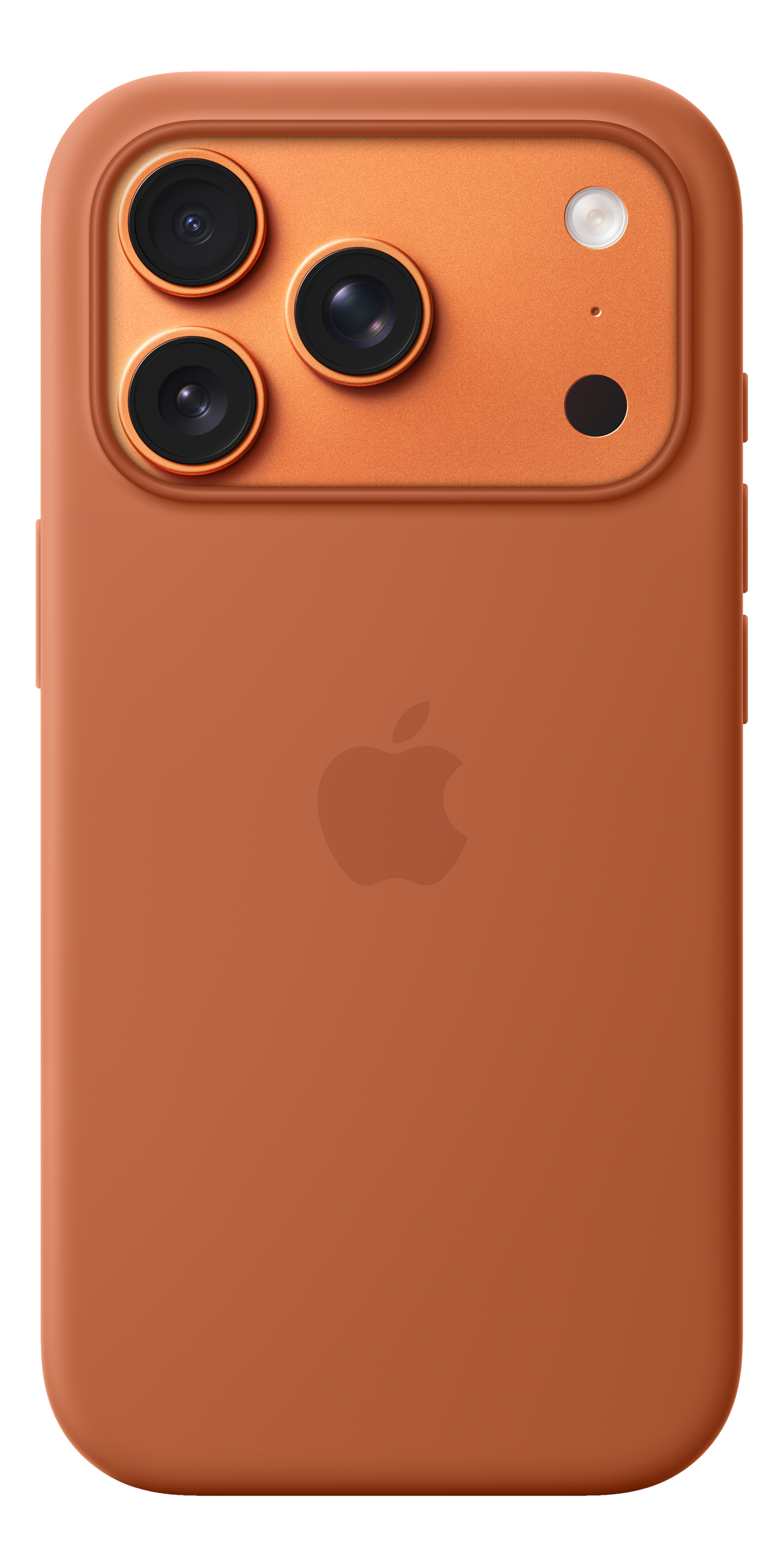 Custodia arancione con tre obiettivi, un flash e un logo Apple. Lo sfondo è nero.