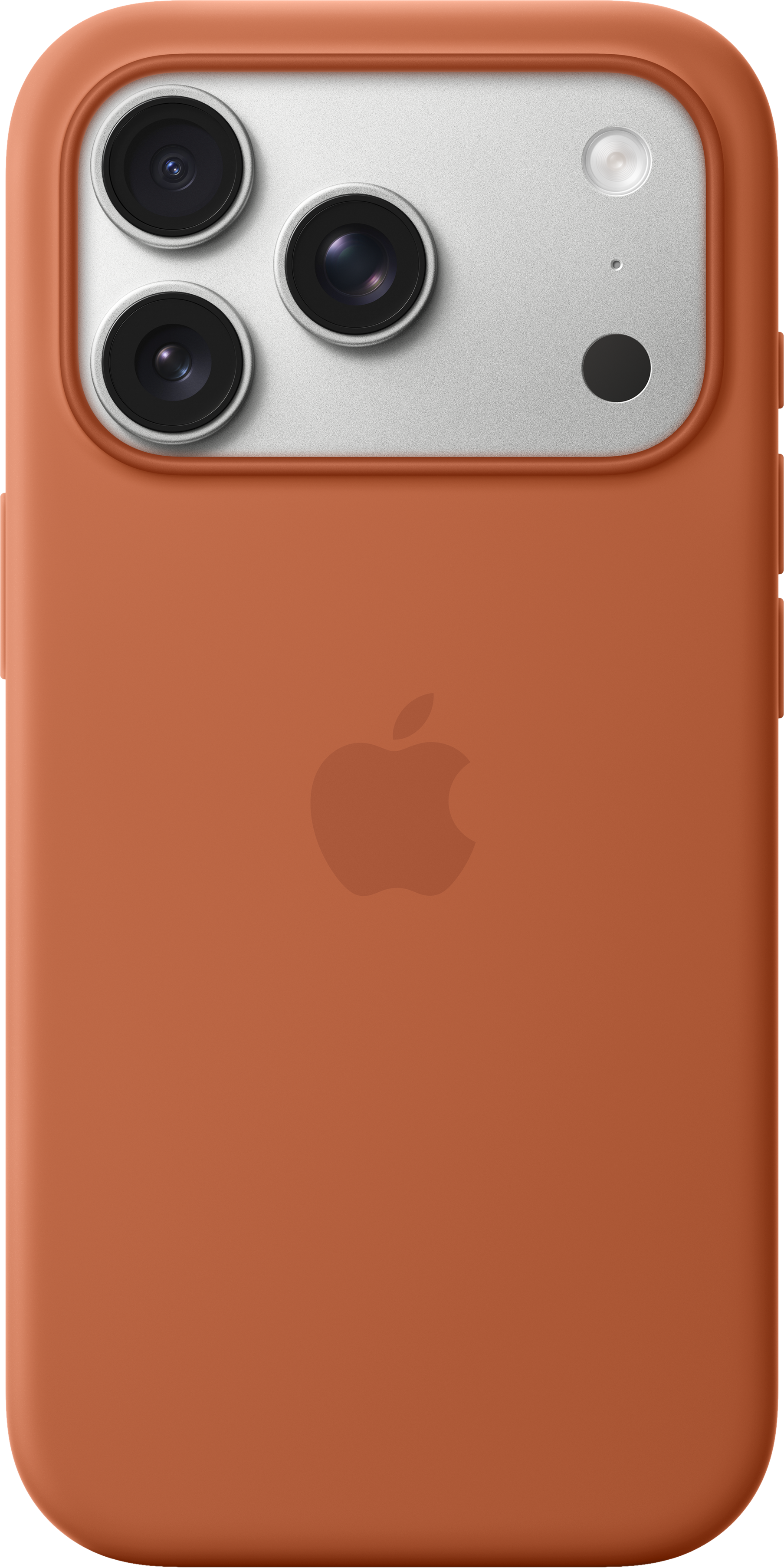 Una custodia arancione per telefono con il logo Apple. L'area della fotocamera ha 3 lenti, un flash e un punto nero.