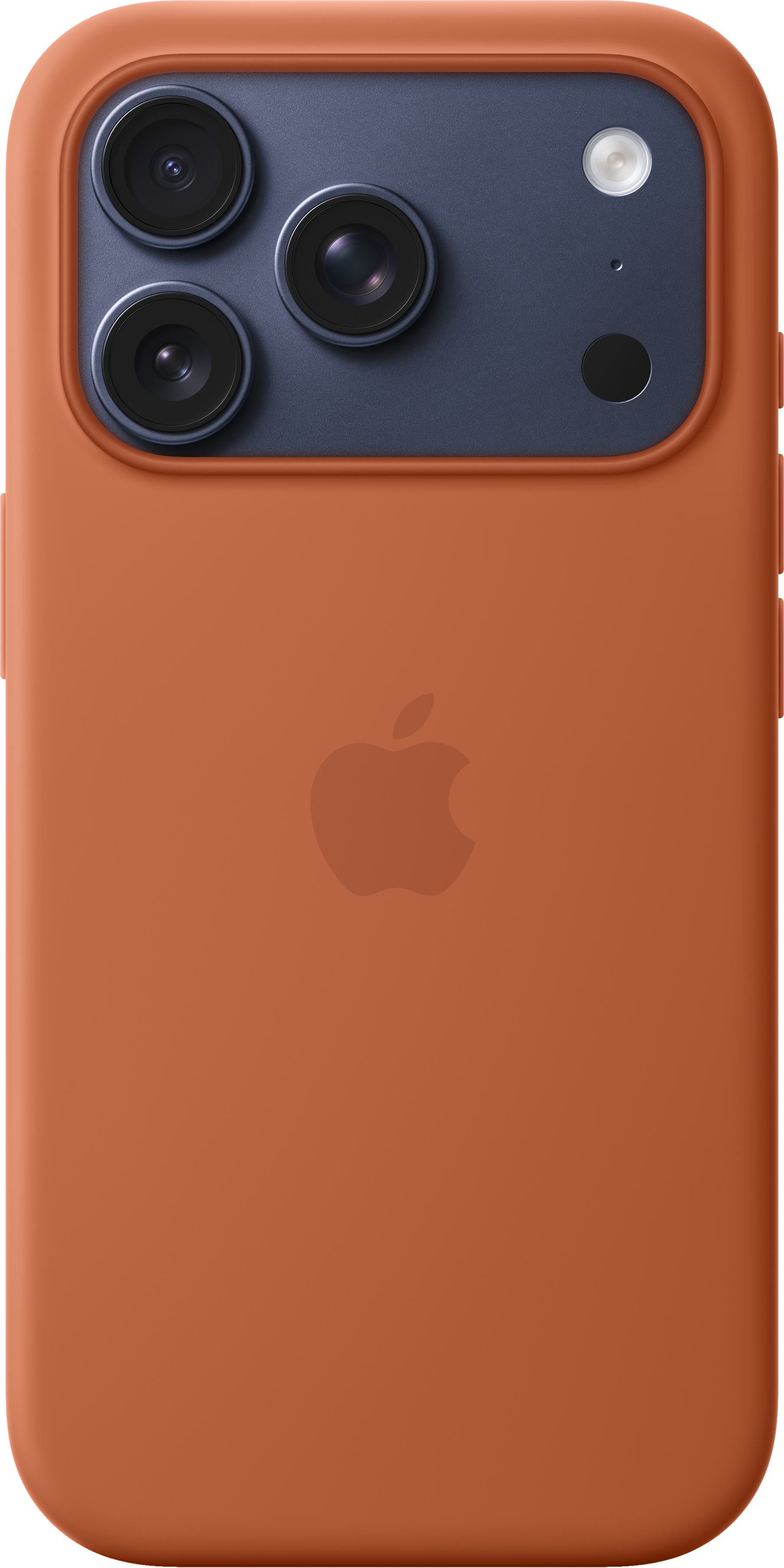 Una custodia arancione con un'area fotocamera blu scuro. Ha tre lenti, un flash e il logo Apple.