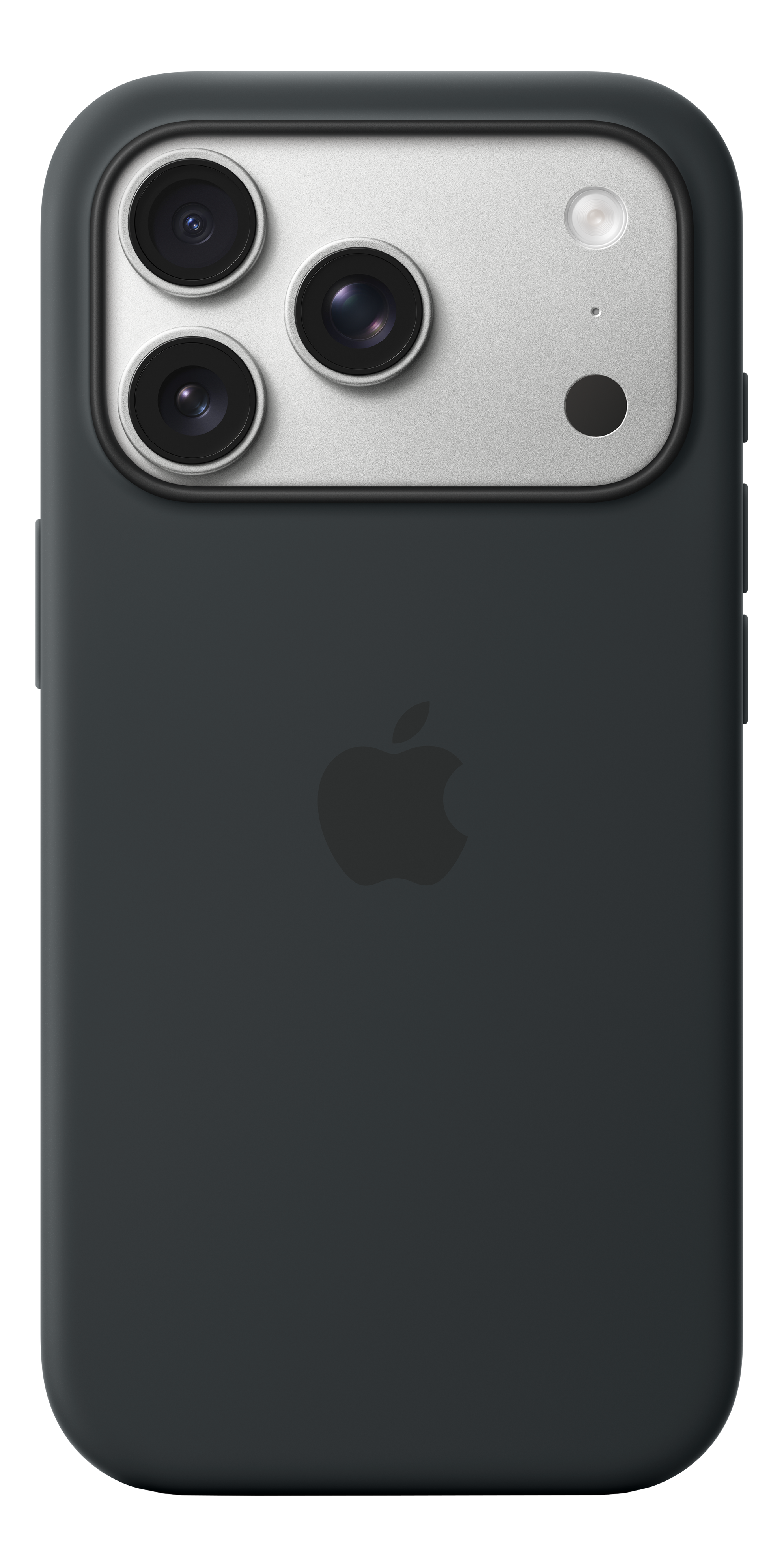 Retro di un iPhone grigio scuro con tre obiettivi, un flash e il logo Apple. Lo sfondo è nero.