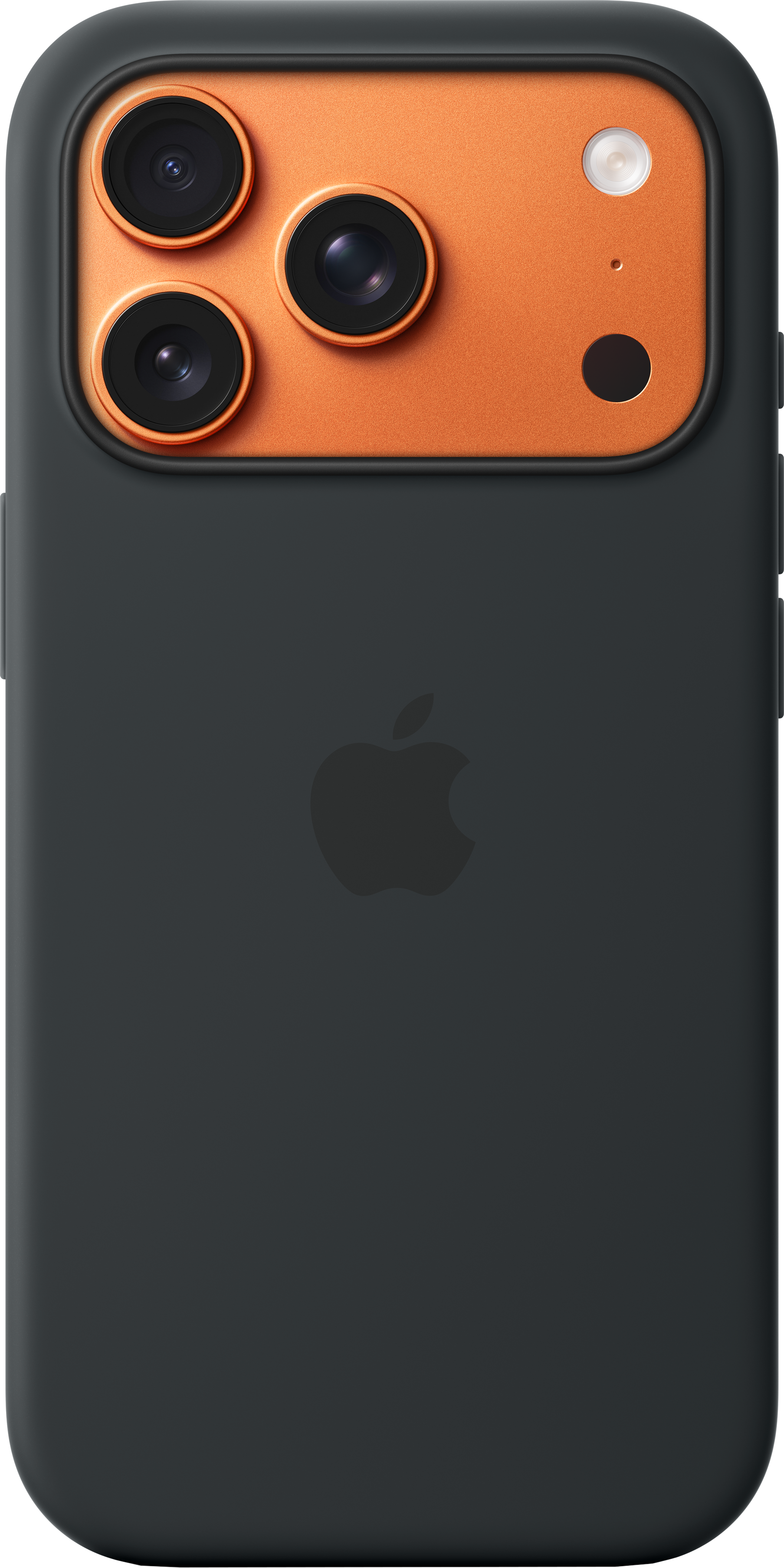 Primo piano di una custodia nera per telefono con sezione fotocamera dorata. Presenta tre fotocamere, un flash e il logo Apple.