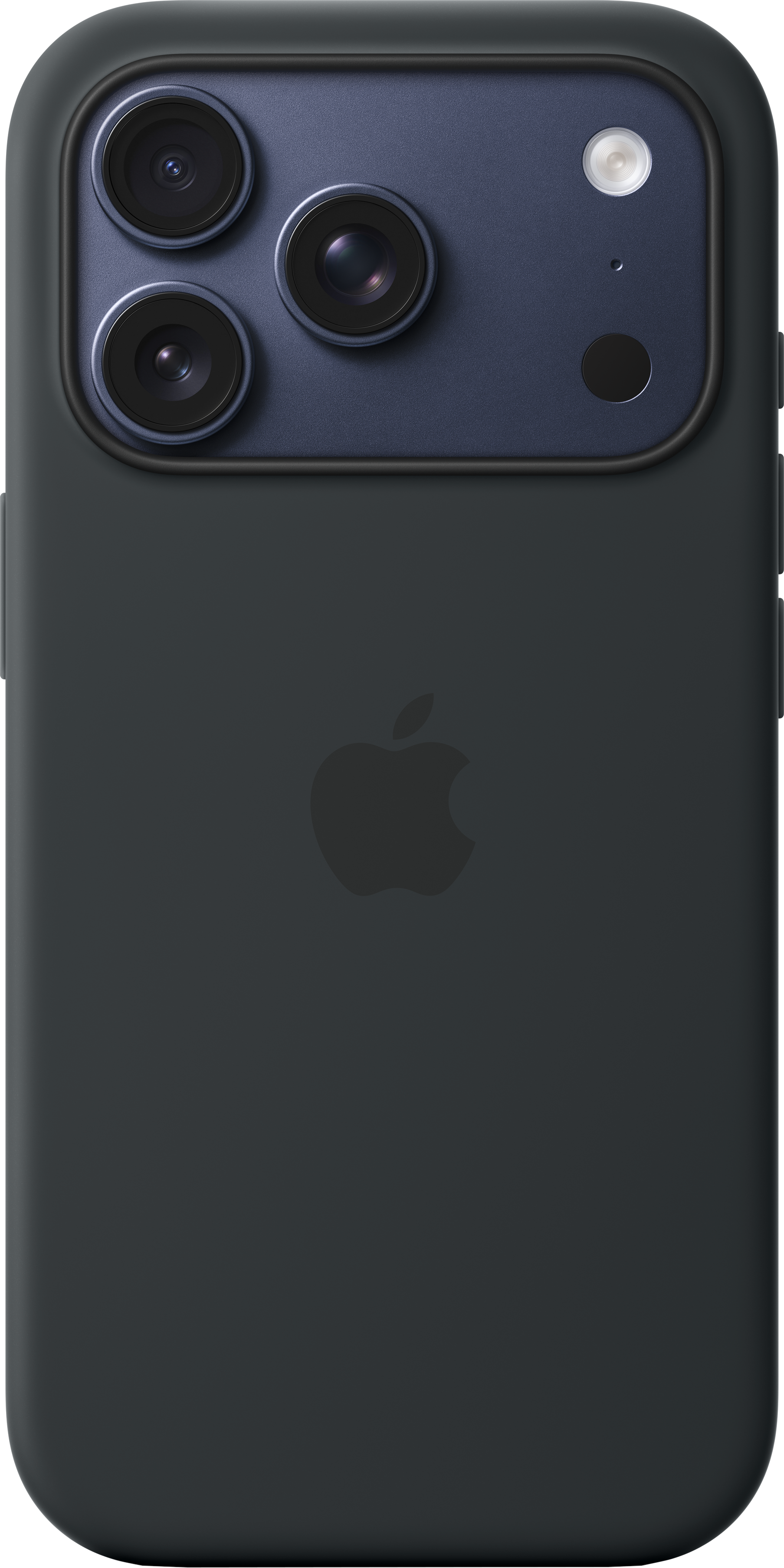 Primo piano del retro di un iPhone grigio scuro con quattro obiettivi, un flash e il logo Apple. Lo sfondo è nero.