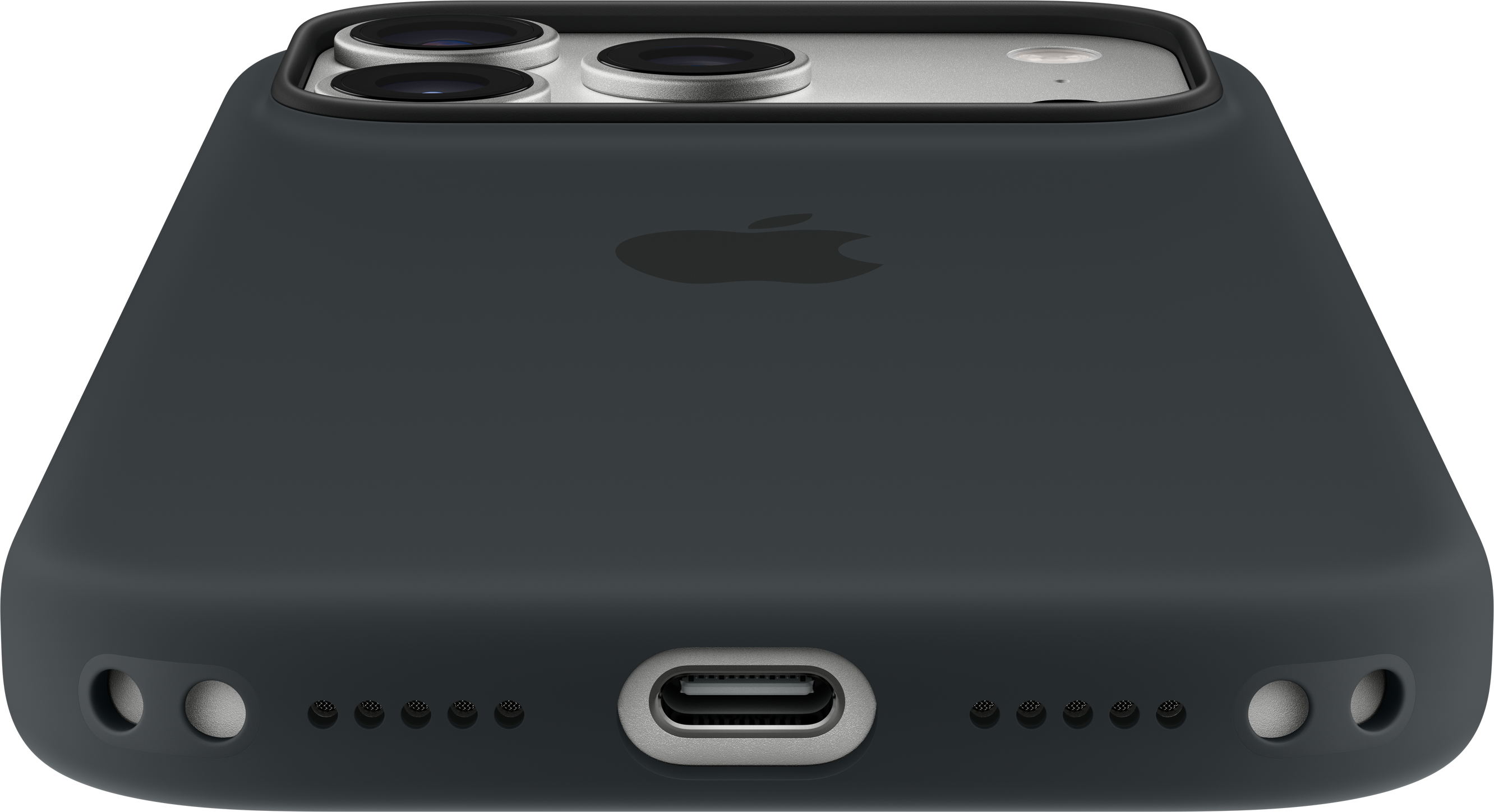 Una custodia per telefono grigio scuro con il logo Apple. La parte superiore mostra le lenti della fotocamera. La parte inferiore ha una porta di ricarica e fori per altoparlanti.
