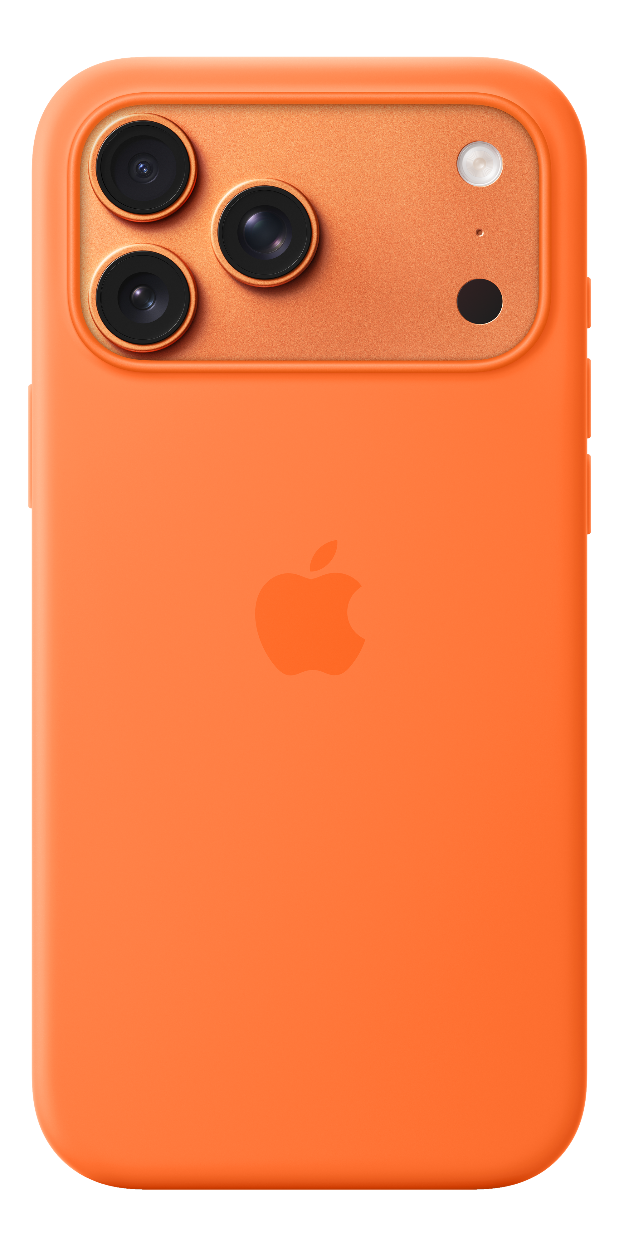 Una custodia arancione per iPhone. Il retro ha tre obiettivi, un flash e il logo Apple. La custodia è liscia e solida.