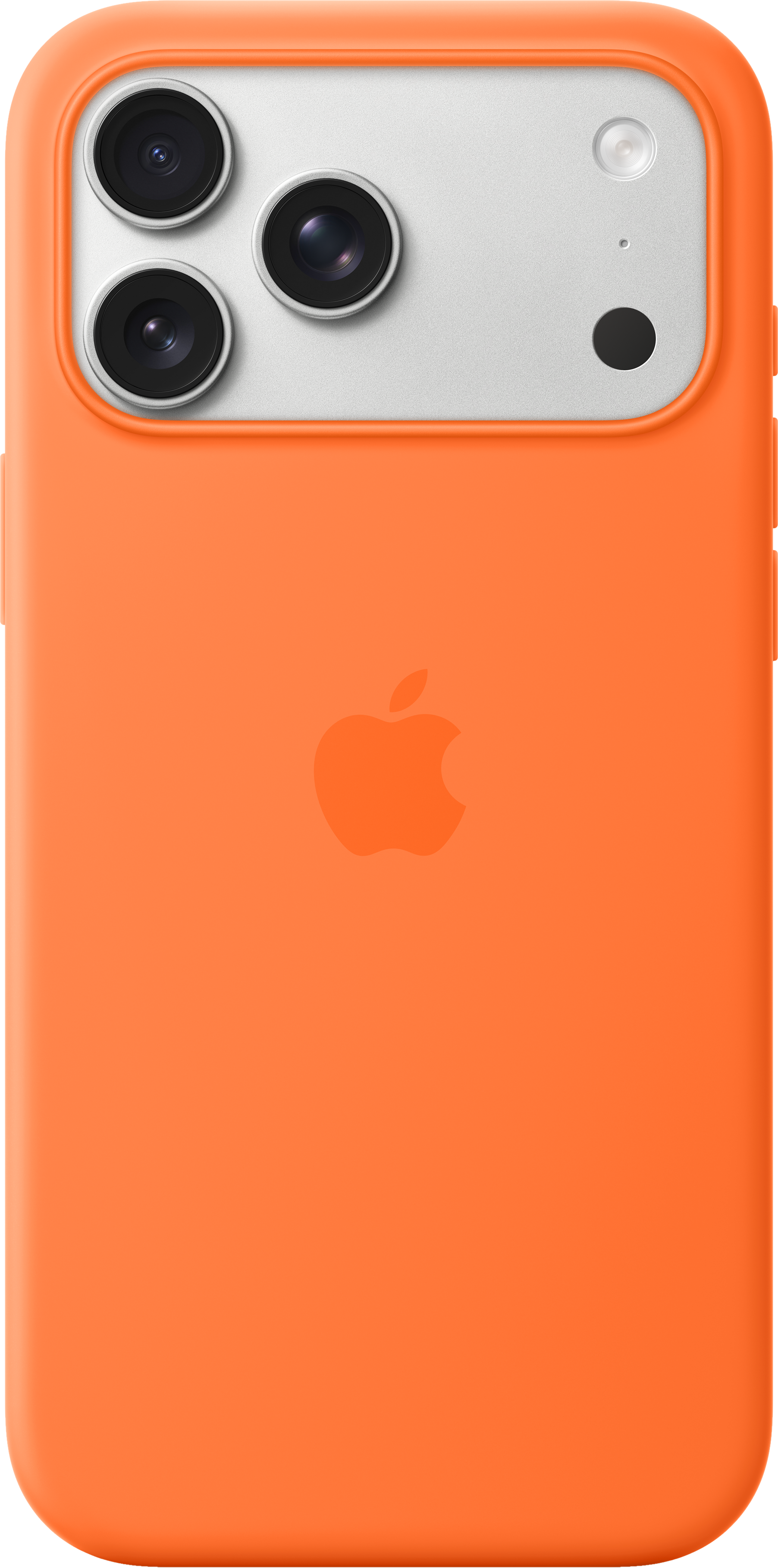 Una custodia arancione per iPhone con tre obiettivi, un flash e un logo Apple. Lo sfondo è nero.