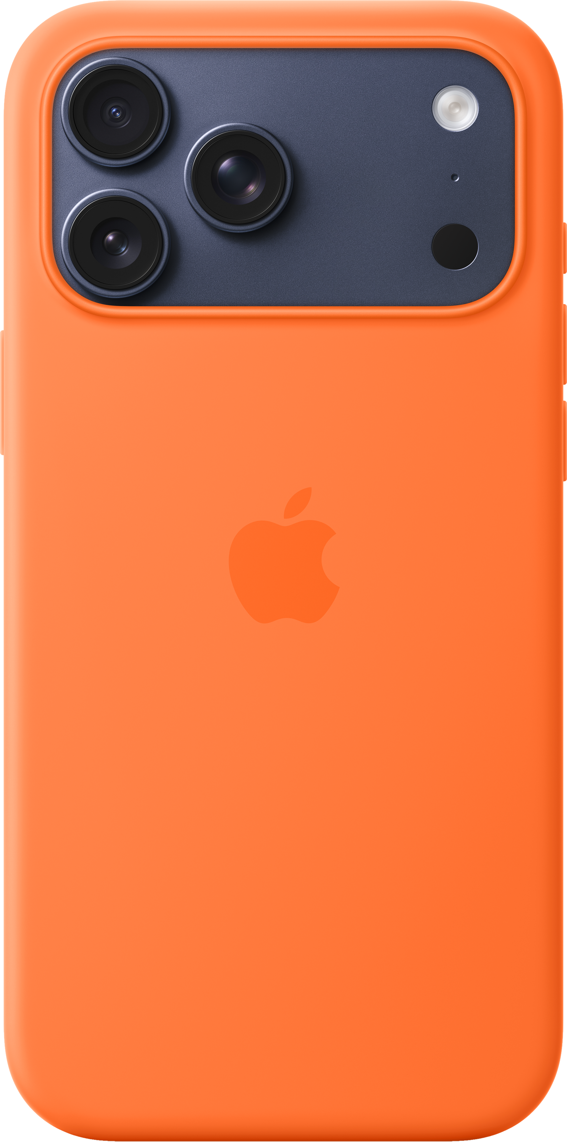 Retro iPhone arancione. Tre fotocamere in alto, sezione blu. Logo Apple al centro. Custodia arancione.