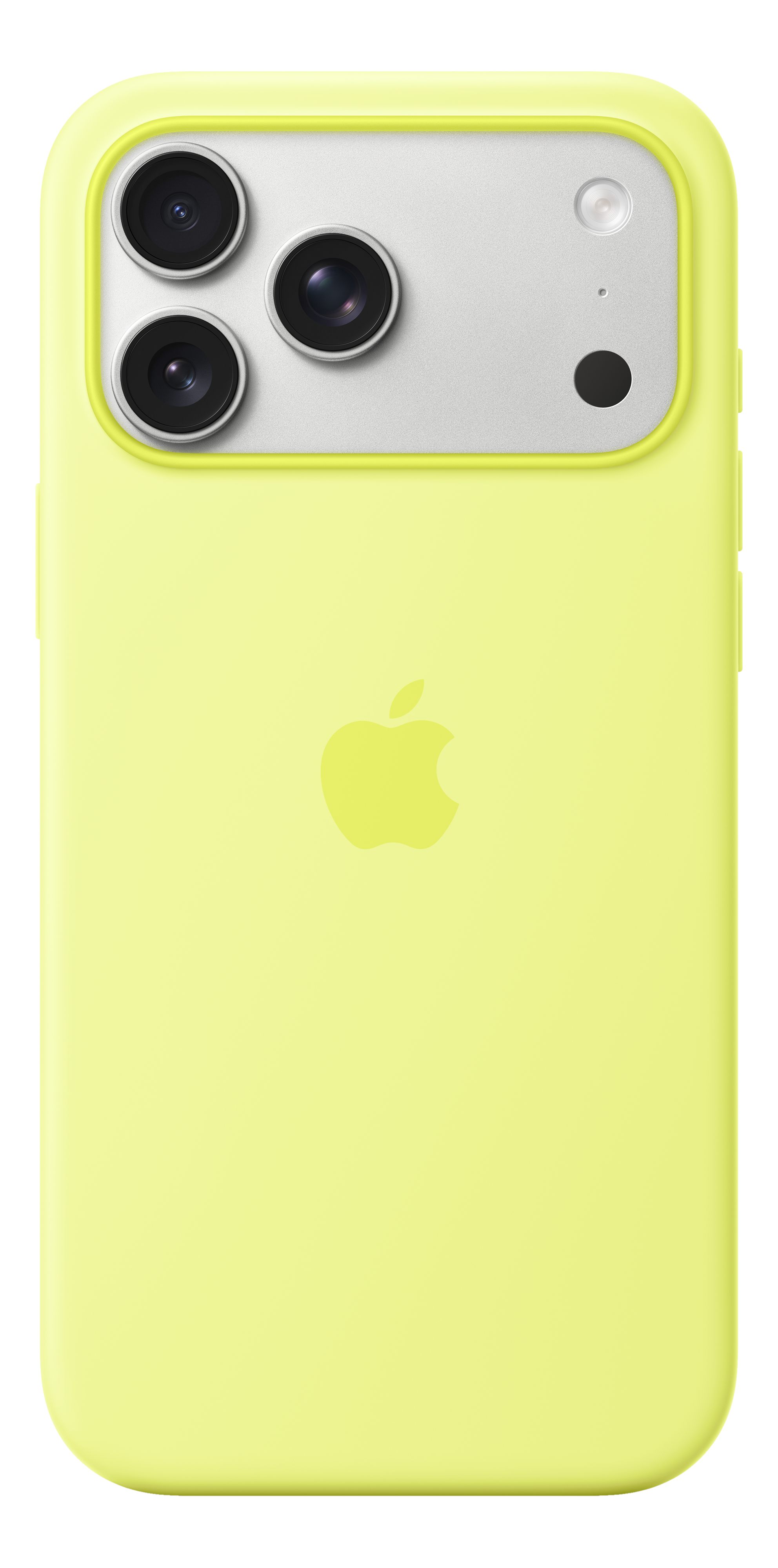 Una custodia gialla per telefono con modulo fotocamera. Il logo Apple è visibile. Lo sfondo è nero.