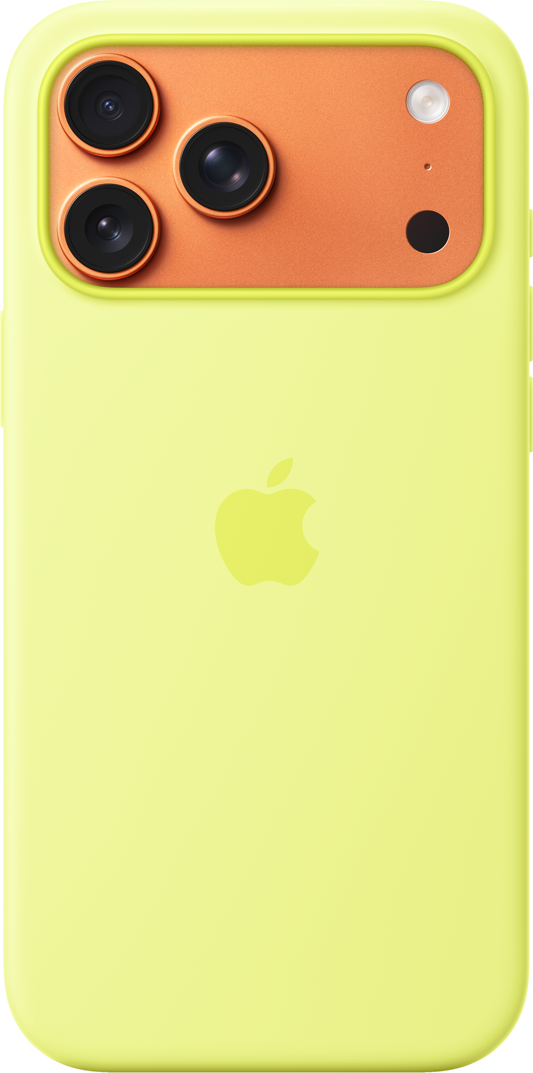 Retro iPhone giallo con sezione fotocamera arancione. Tre lenti, un flash e il logo Apple sono visibili.