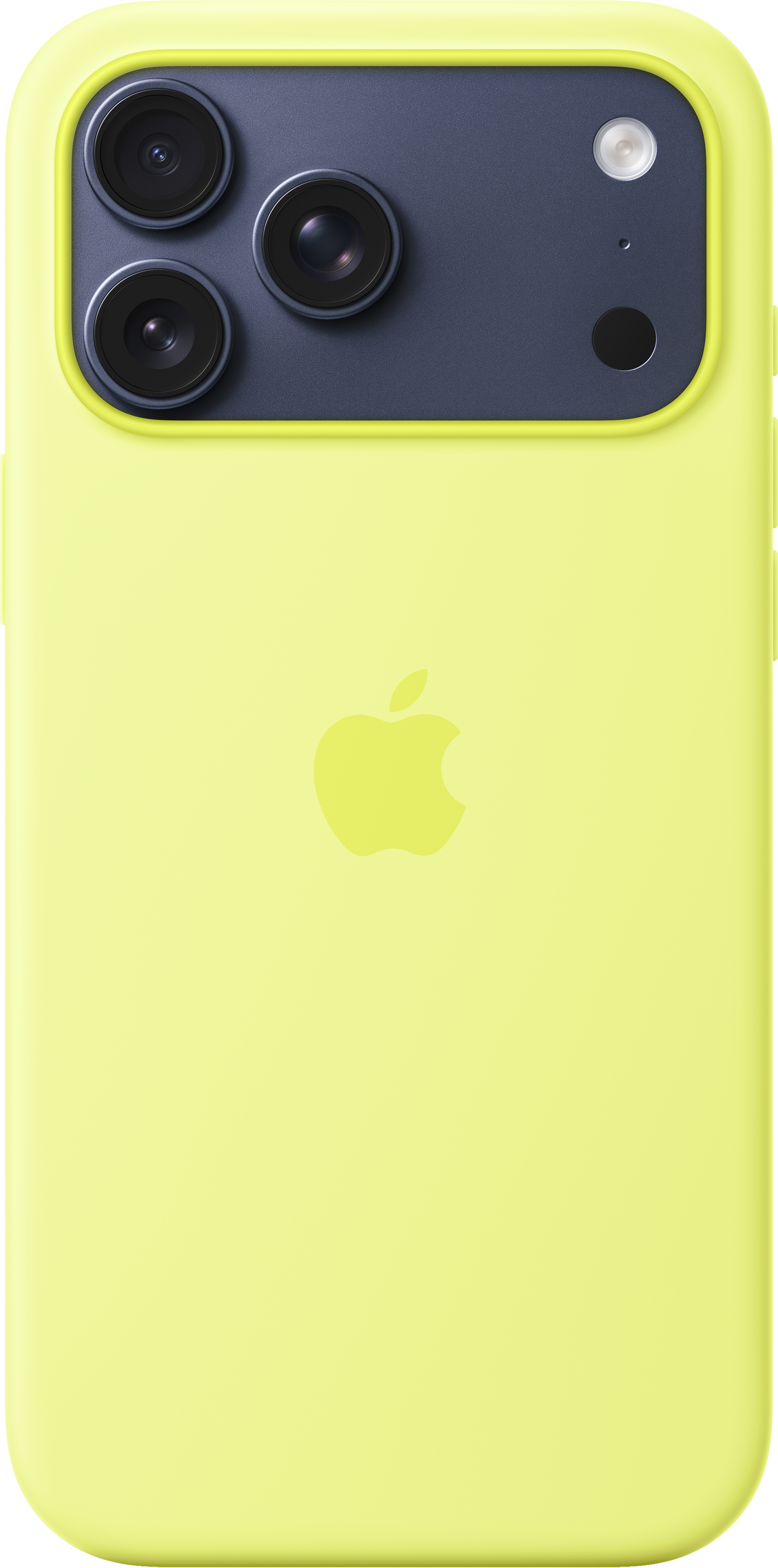 Una custodia gialla per telefono con tre obiettivi e il logo Apple.