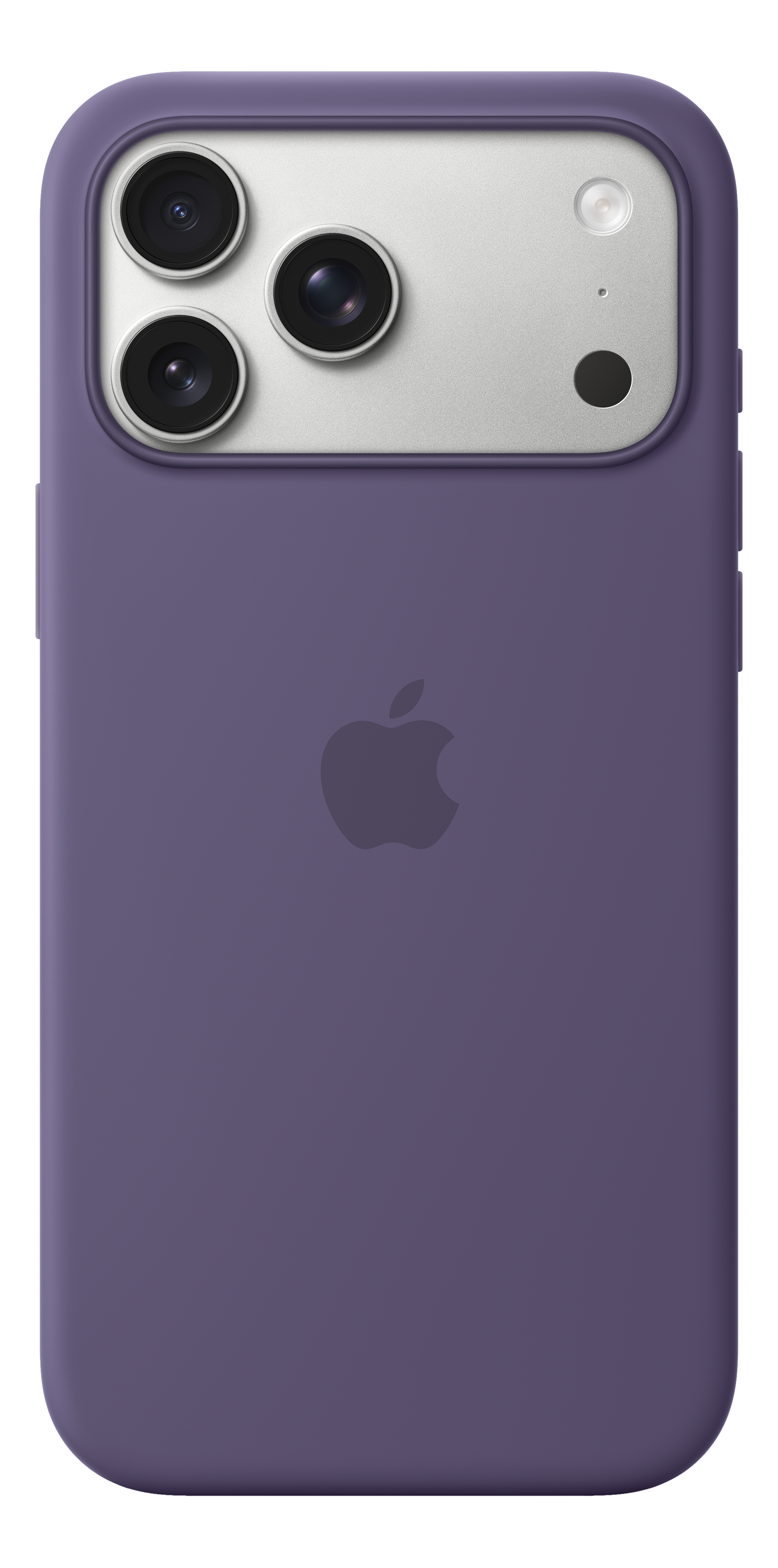 Custodia viola con logo Apple. Area fotocamera argento con 3 lenti e flash.