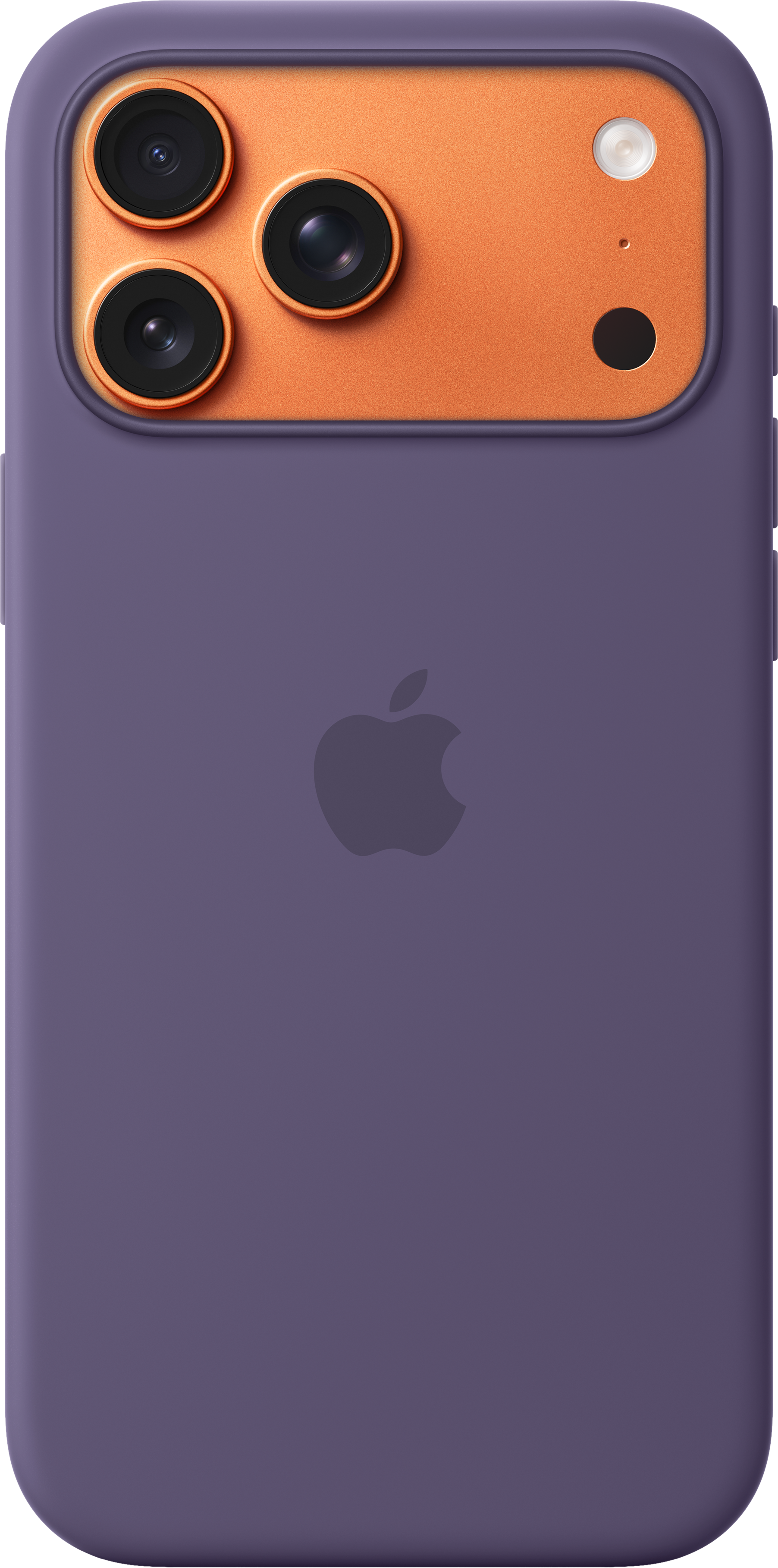 Custodia per telefono viola con area fotocamera arancione. Tre lenti, un flash e un punto nero sono visibili.