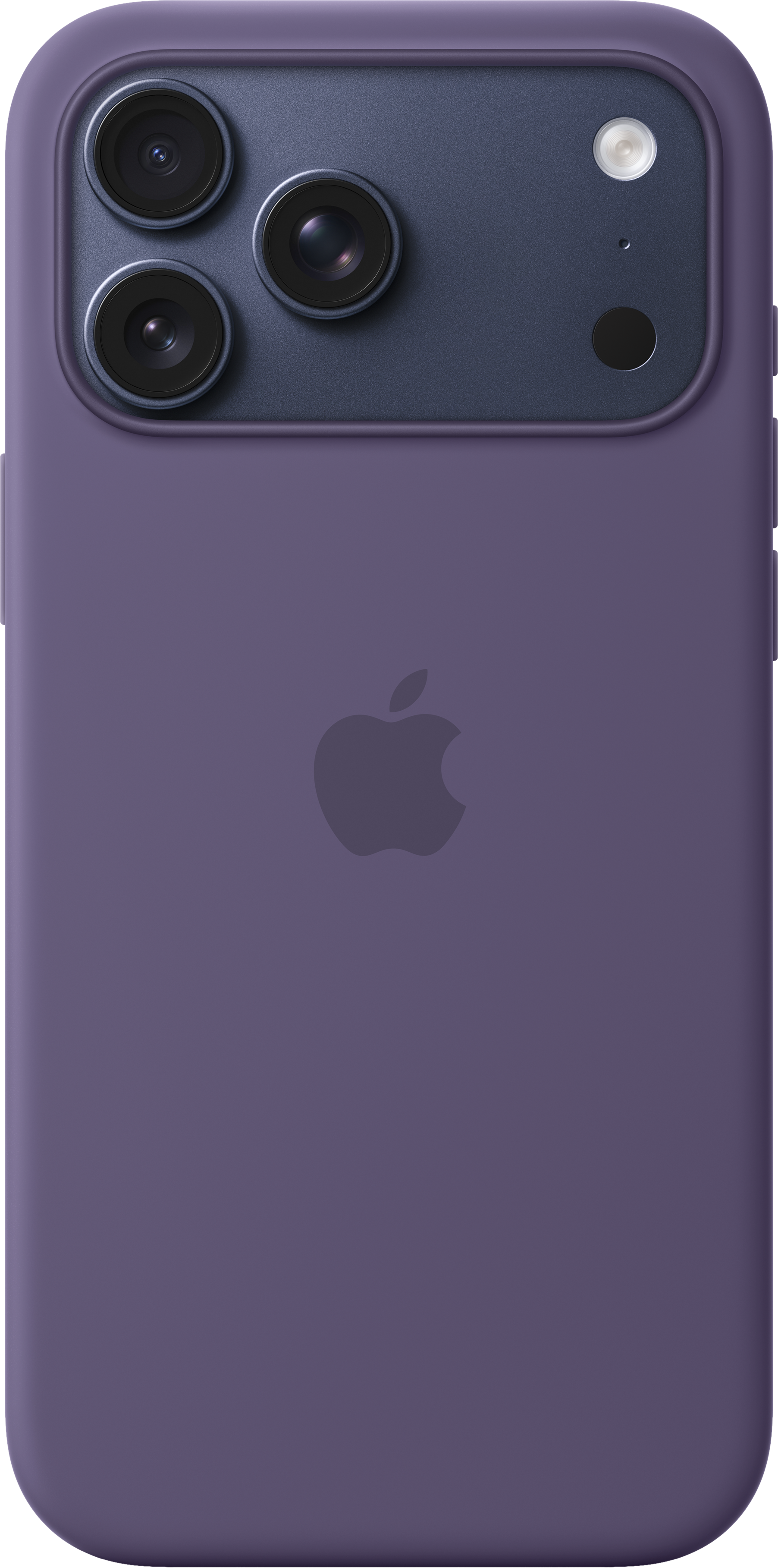 Custodia per telefono viola con tre lenti e un flash. Il logo Apple è visibile. Il telefono è su sfondo nero.