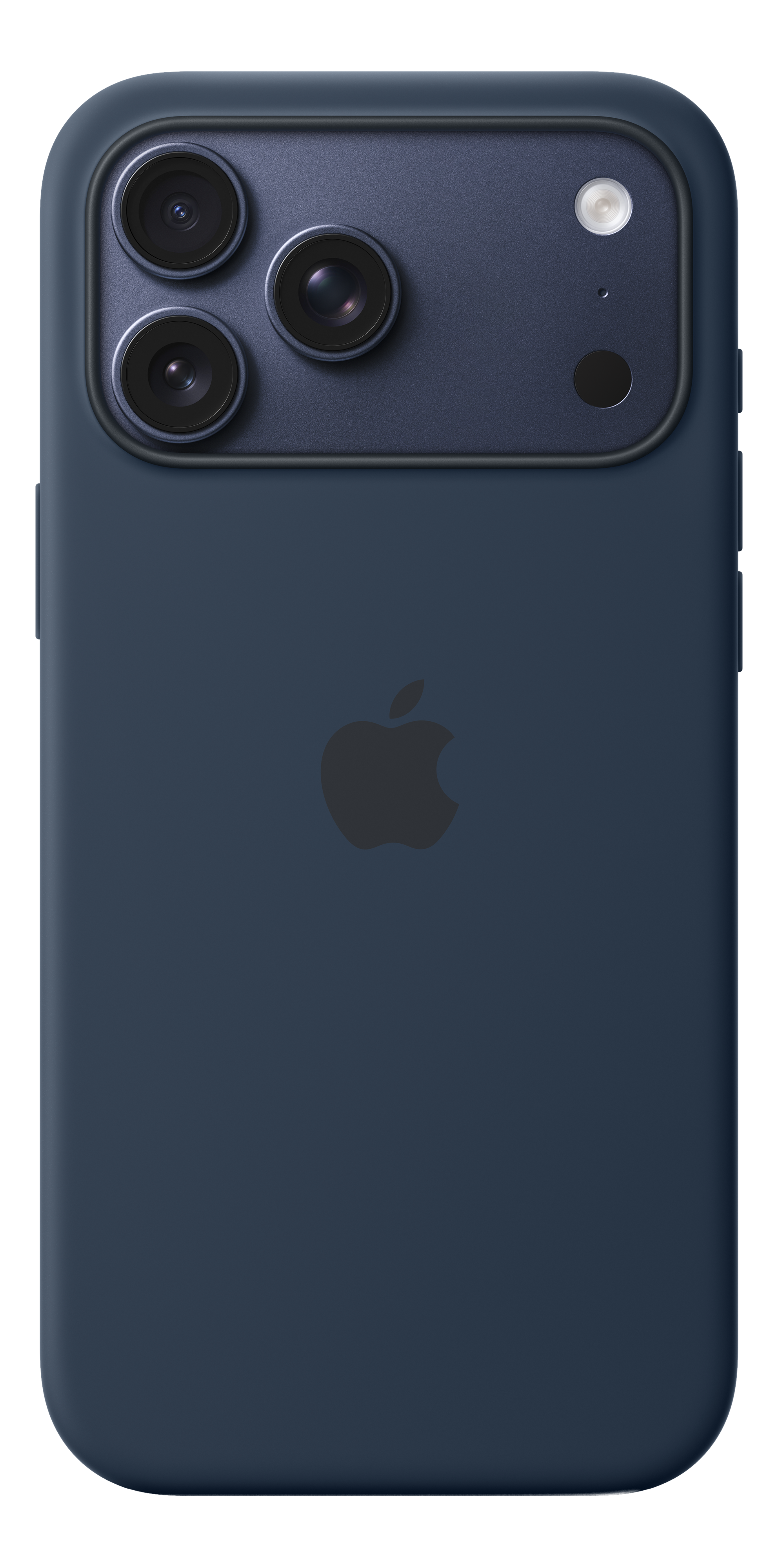 Retro iPhone blu scuro, con tre obiettivi e un flash. Il logo Apple è centrato. Sfondo nero.