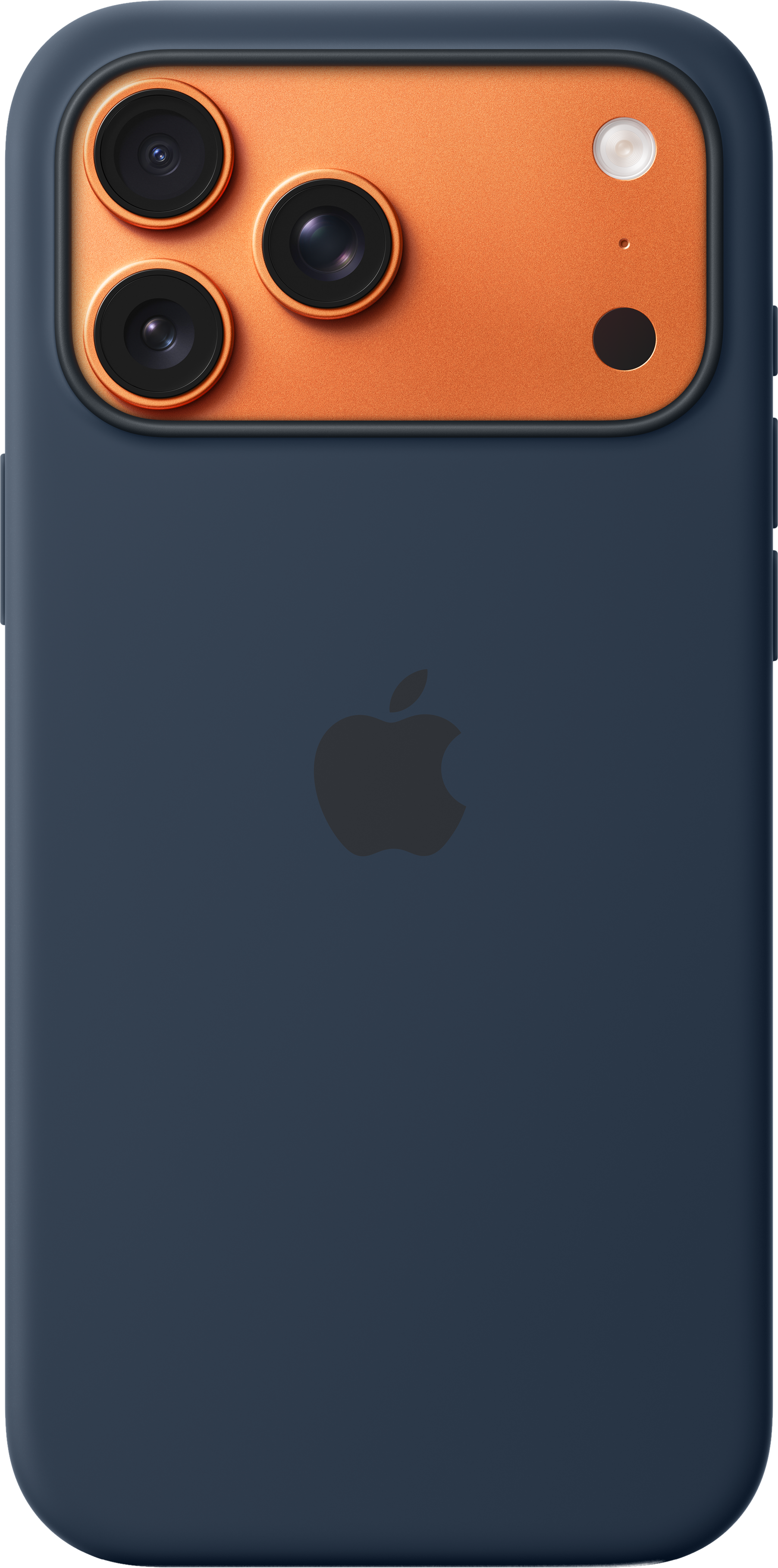 Custodia blu scuro con fotocamera. Sezione arancione, tre lenti, flash e logo Apple.