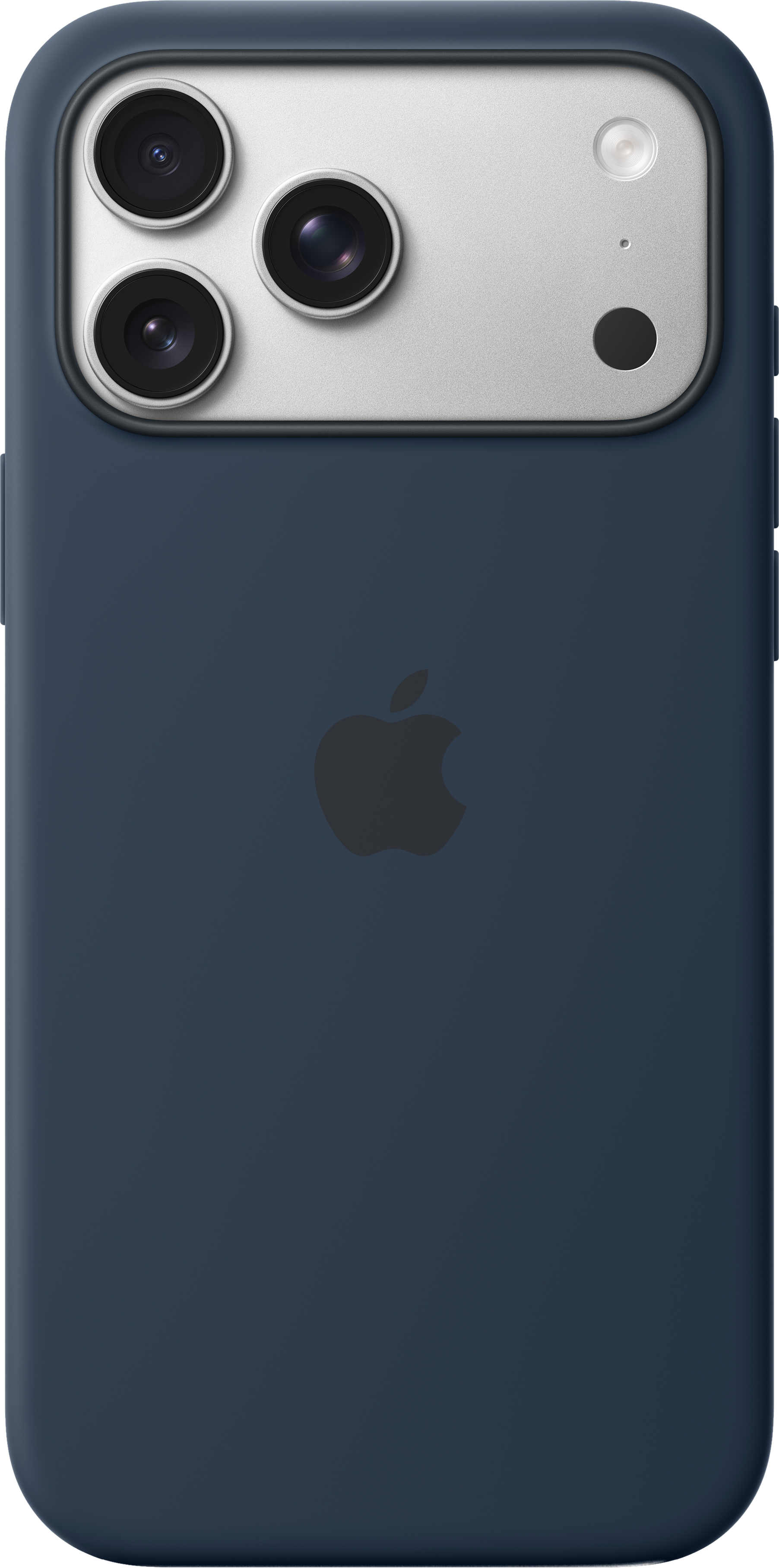 Un iPhone blu navy con tre obiettivi, un flash e il logo Apple sul retro.