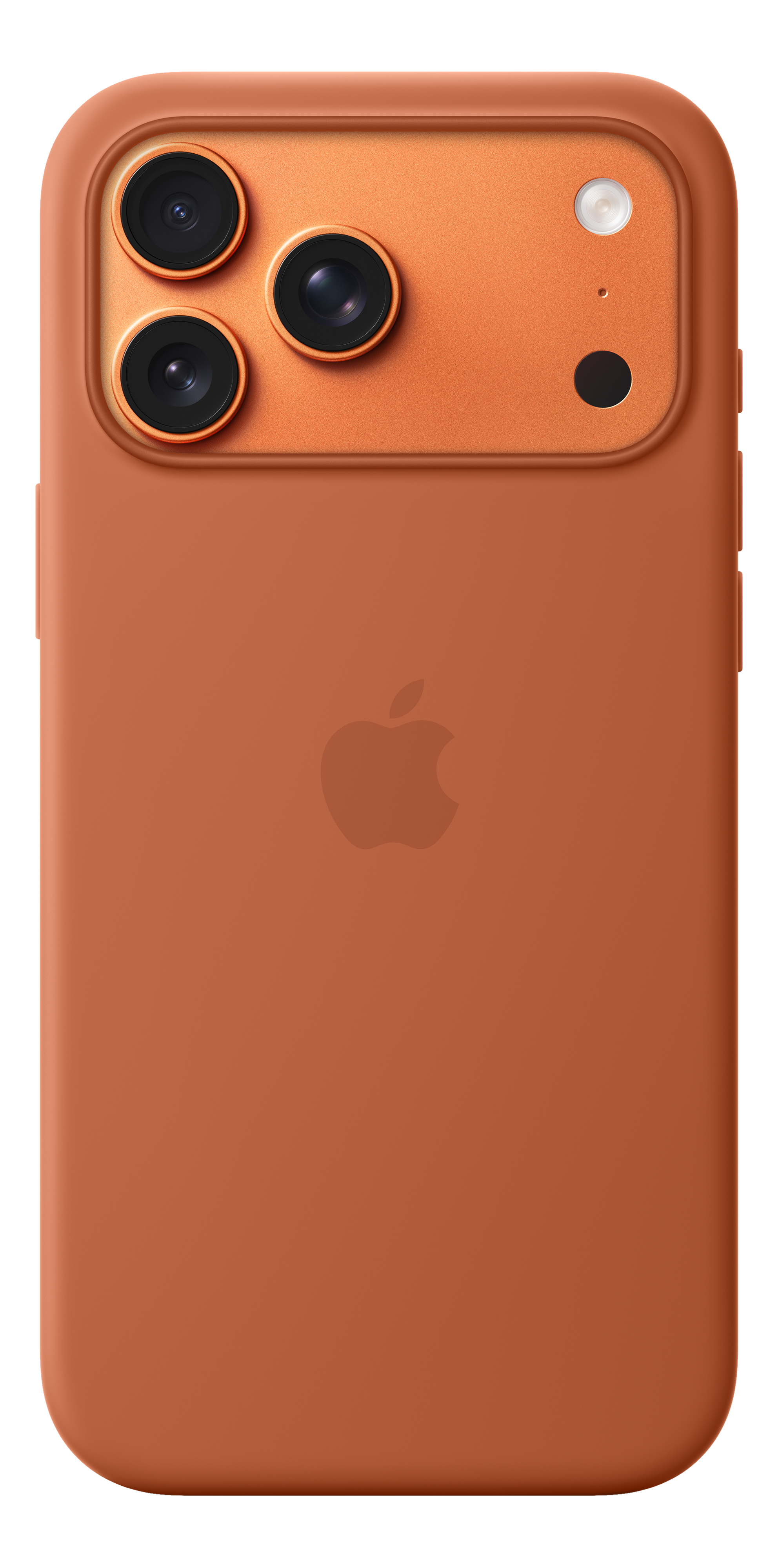 Una custodia arancione con tre obiettivi, un flash e un logo Apple. Sfondo nero.