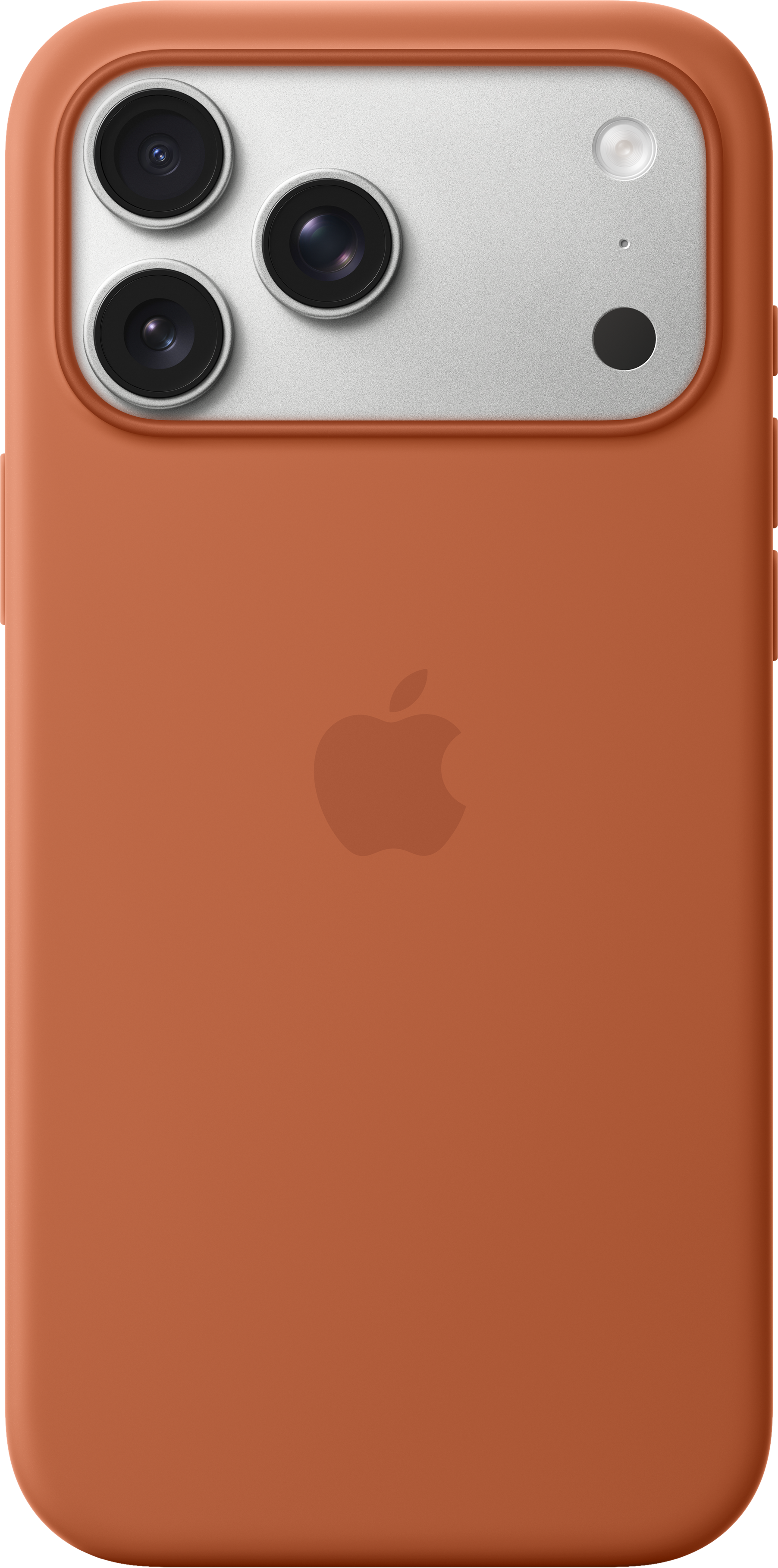 Una custodia arancione per iPhone con tre obiettivi, un flash e un logo Apple.