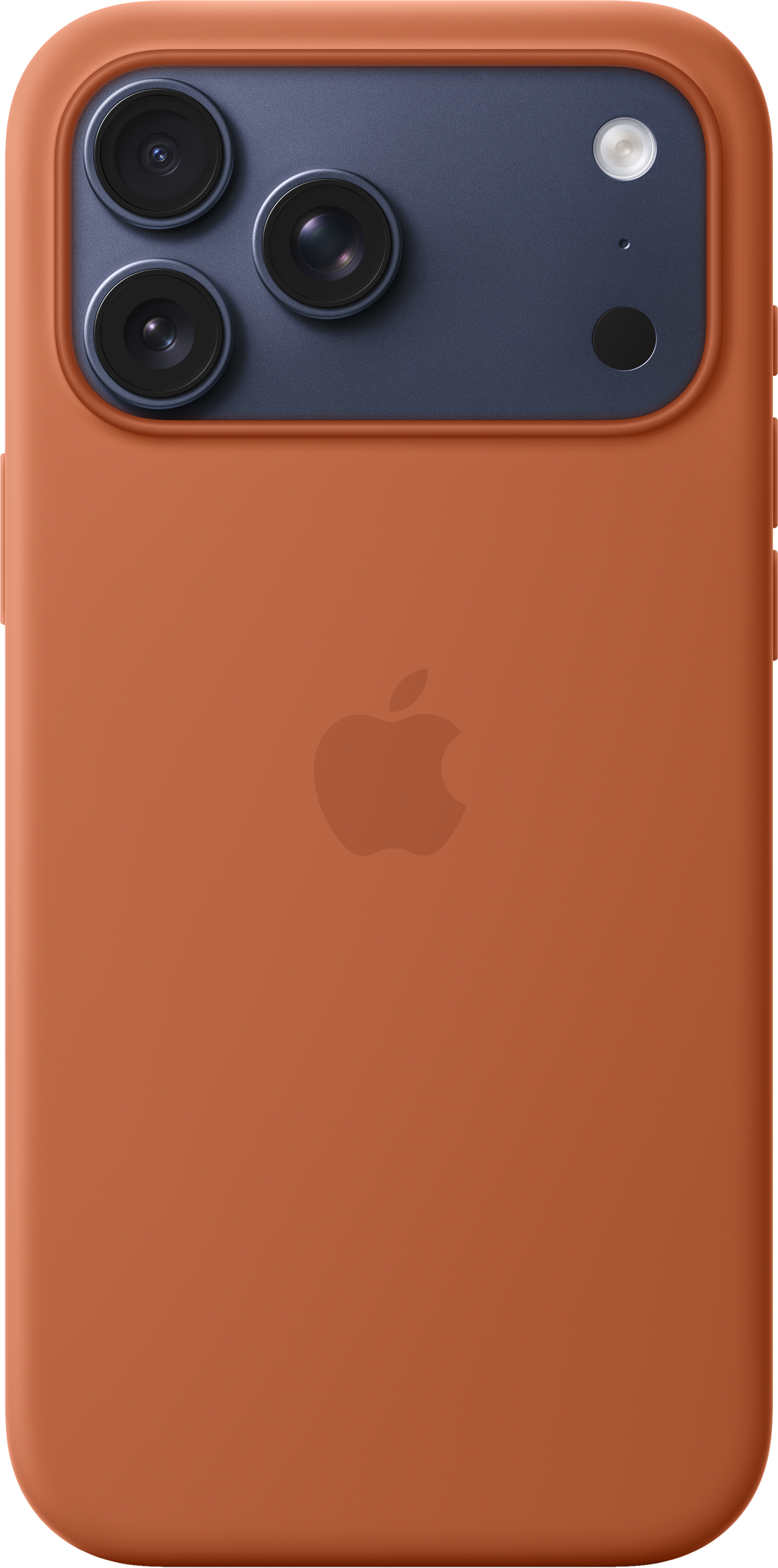 Una custodia arancione con logo Apple. Sono visibili tre obiettivi e un flash. L'area della fotocamera è blu navy.