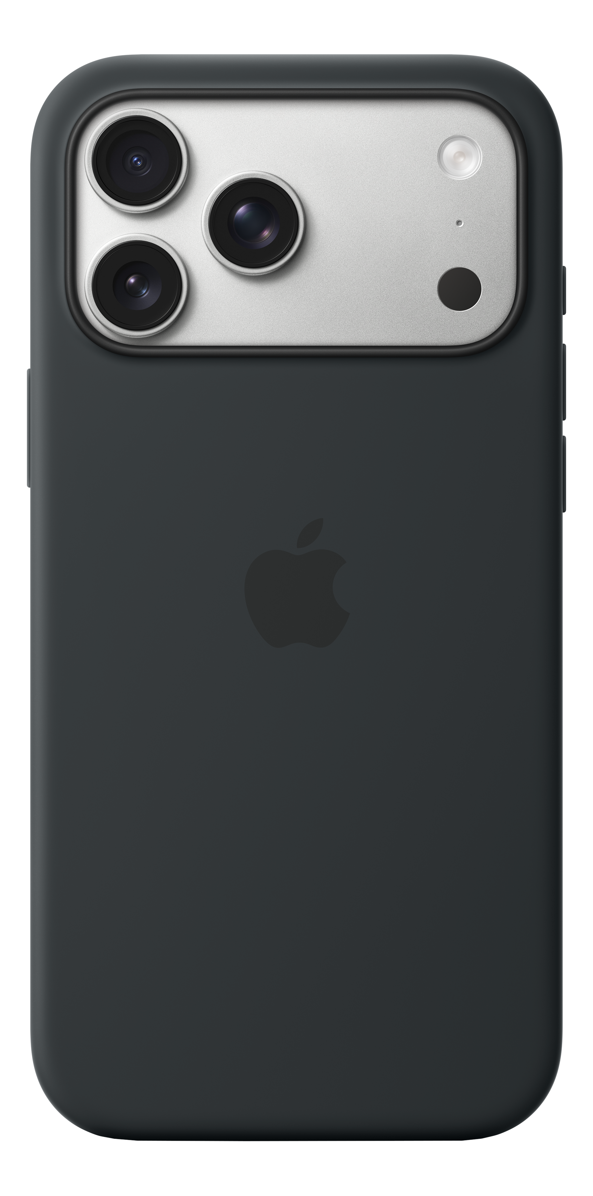 Retro del telefono grigio scuro con tre fotocamere e un logo Apple. Alloggiamento della fotocamera argentato e sfondo nero.