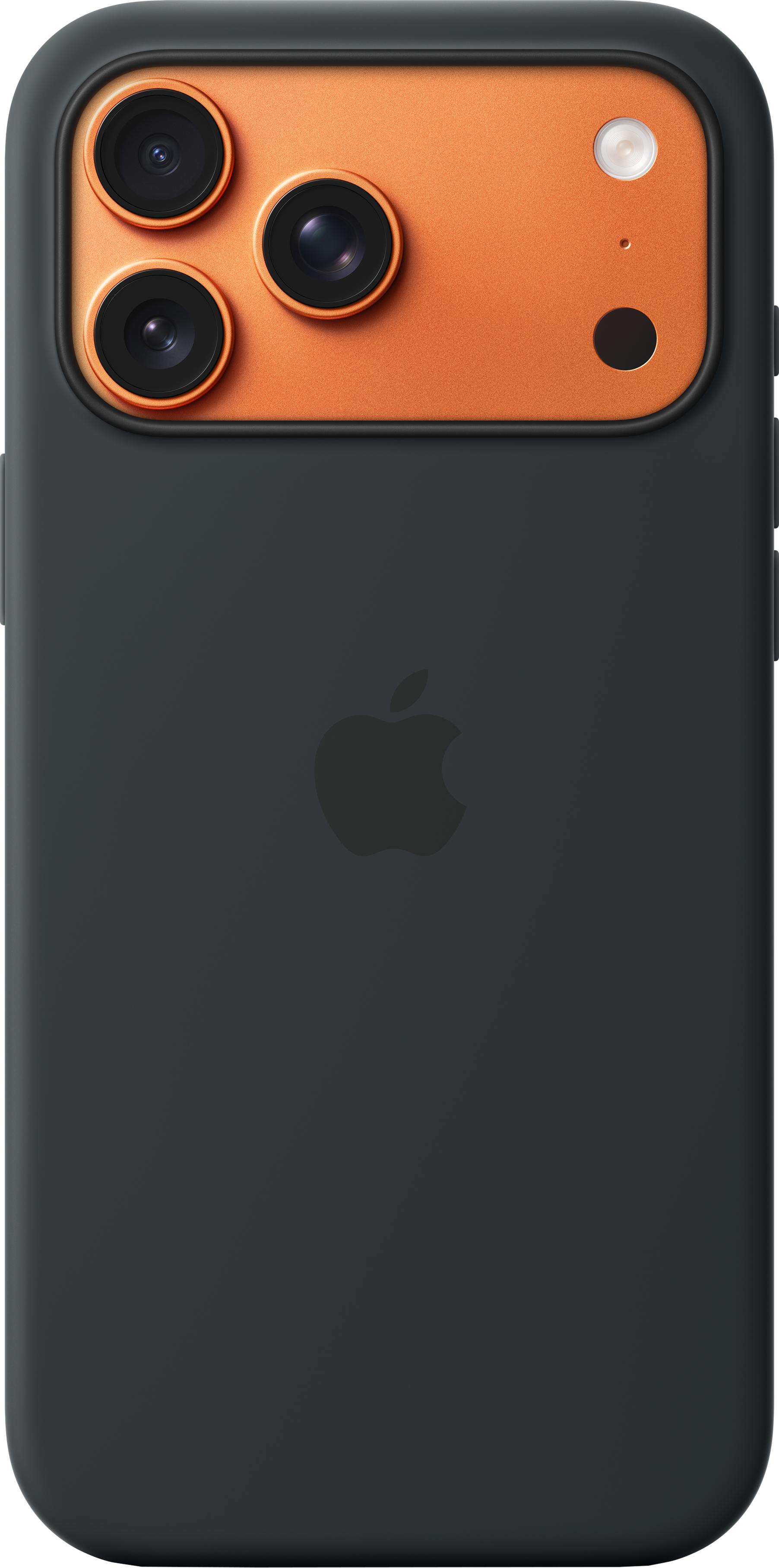 iPhone nero con sezione fotocamera arancione, tre lenti, flash e logo Apple.