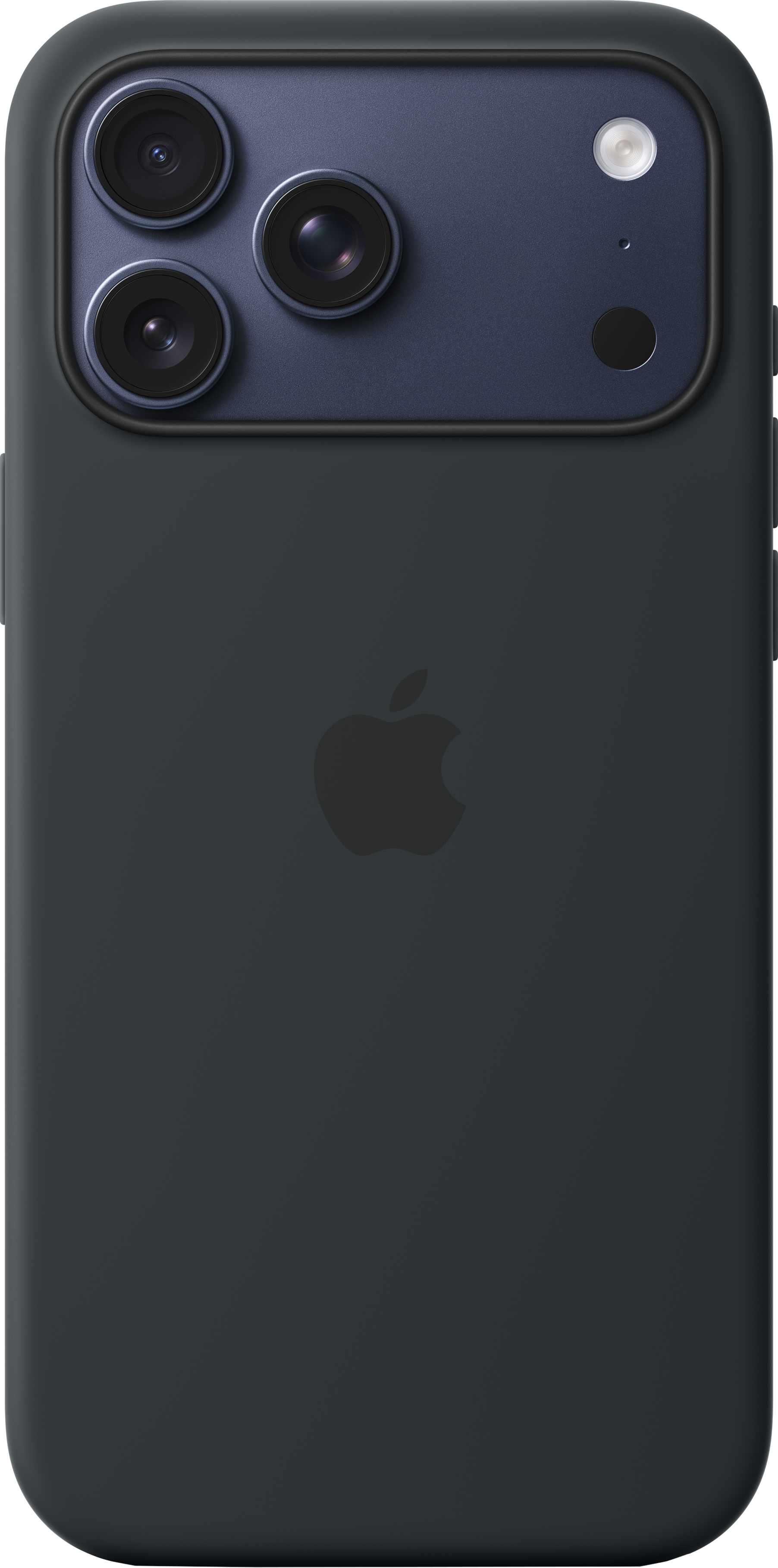 Retro di iPhone grigio scuro, con modulo fotocamera, lenti, flash e logo Apple nero.