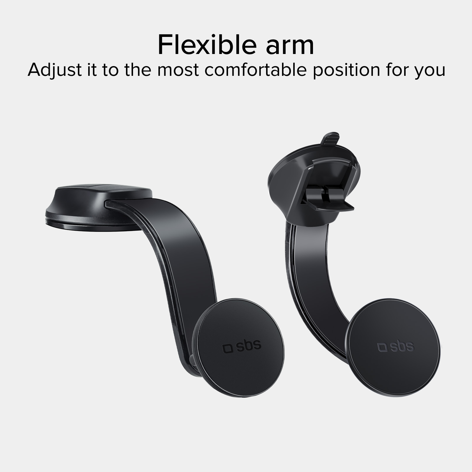 Zwei schwarze Autotelefonhalter mit flexiblen Armen werden vor weißem Hintergrund gezeigt. Der Text lautet 'Flexibler Arm'.