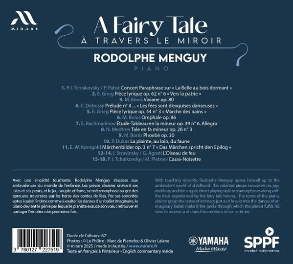 CD-Cover für Rodolphe Menguys 'A Fairy Tale'. Enthält Text und eine Liste von Musikstücken. Dunkelblauer Hintergrund.