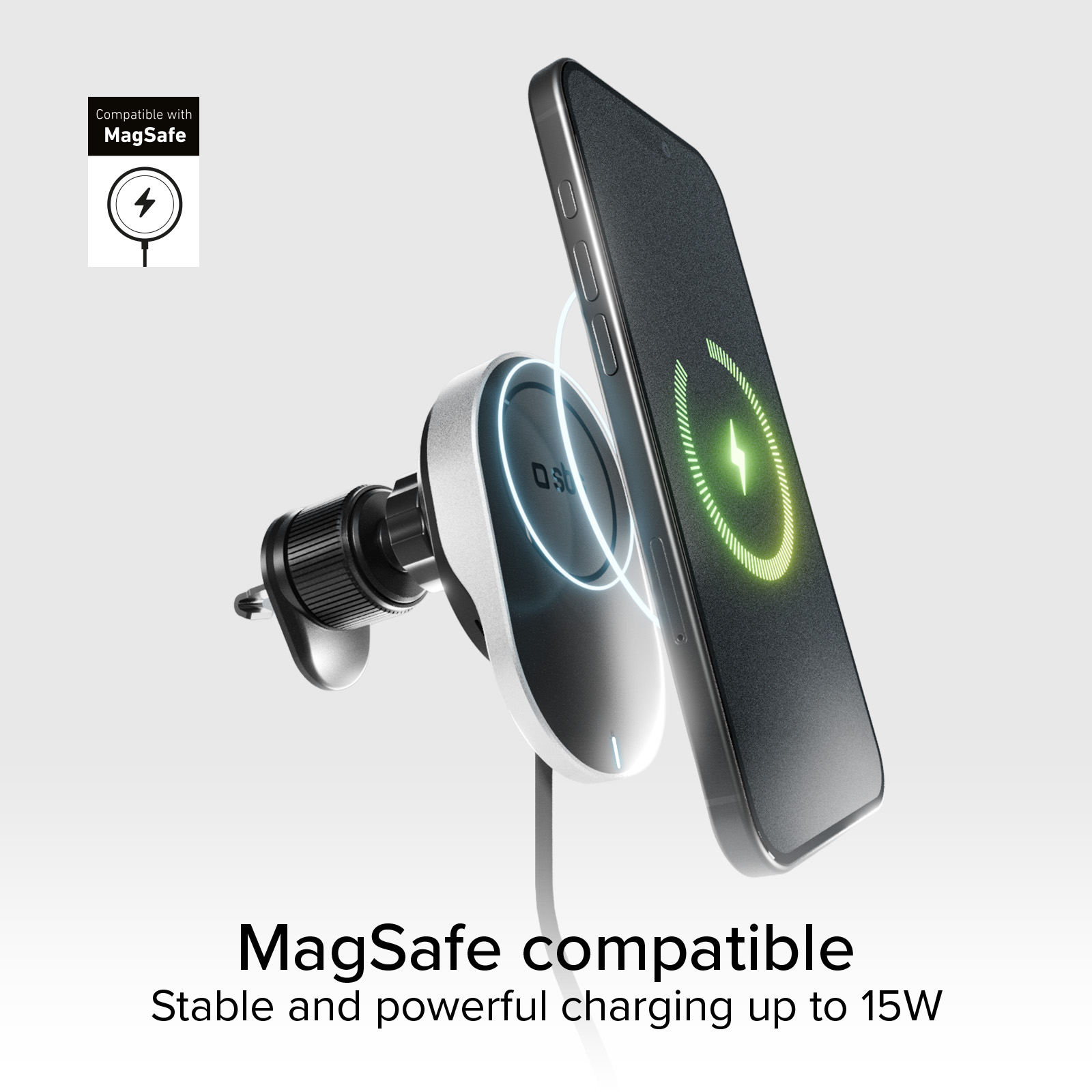 Ein MagSafe-kompatibles Autoladegerät mit angeschlossenem Telefon. Das Telefon zeigt ein Ladesymbol. Der Hintergrund ist weiß.