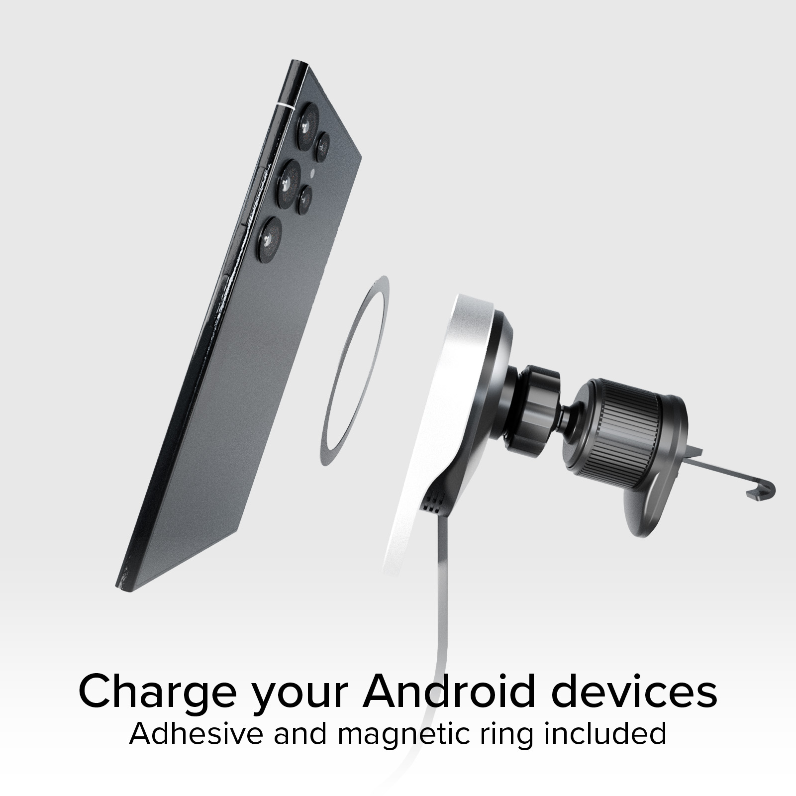 Ein schwarzes Smartphone, ein Magnetring und ein Lüftungsladegerät werden angezeigt. Text: Laden Sie Ihre Android-Geräte auf.