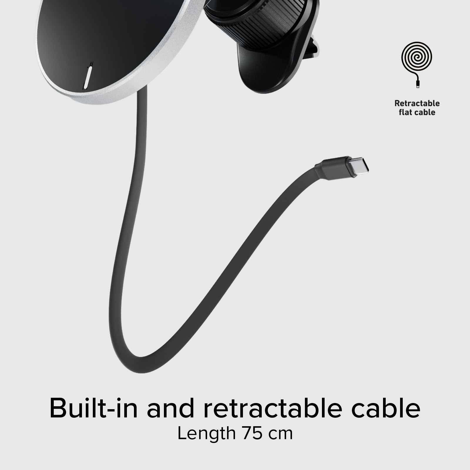 Das Bild zeigt ein einziehbares schwarzes Kabel mit USB-C-Anschluss, einem schwarzen Halter und Text mit 75 cm Länge.