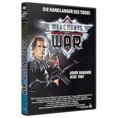 DVD-Hülle mit Mann mit Waffe, Titel 'Merchants of War' und Text auf Deutsch.