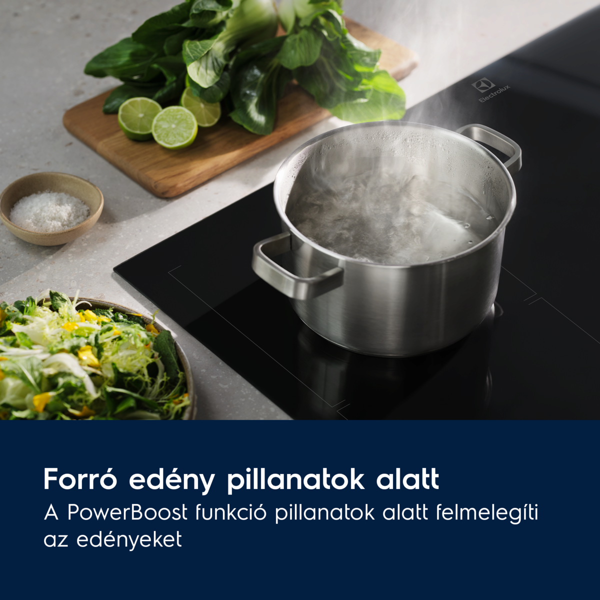 Forró víz egy fekete tűzhelyen. Lime-ok, zöldségek és egy tál só van a közelben. Gőz száll fel a fazékból.