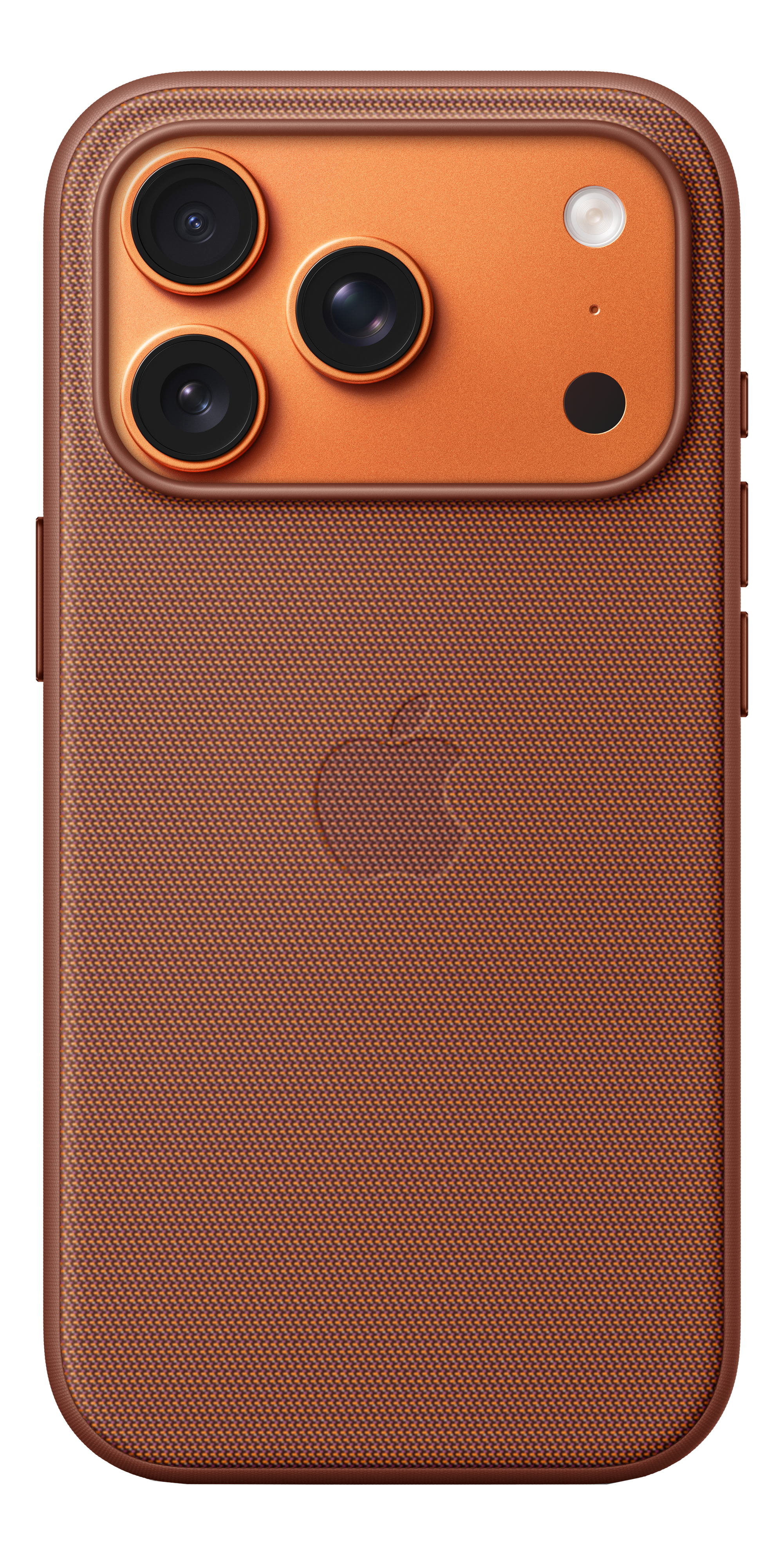 Rückseite eines Telefons mit drei Kameras, einem Blitz und einem Apple-Logo. Das Gehäuse ist braun gemustert, der Kamerabereich orange.