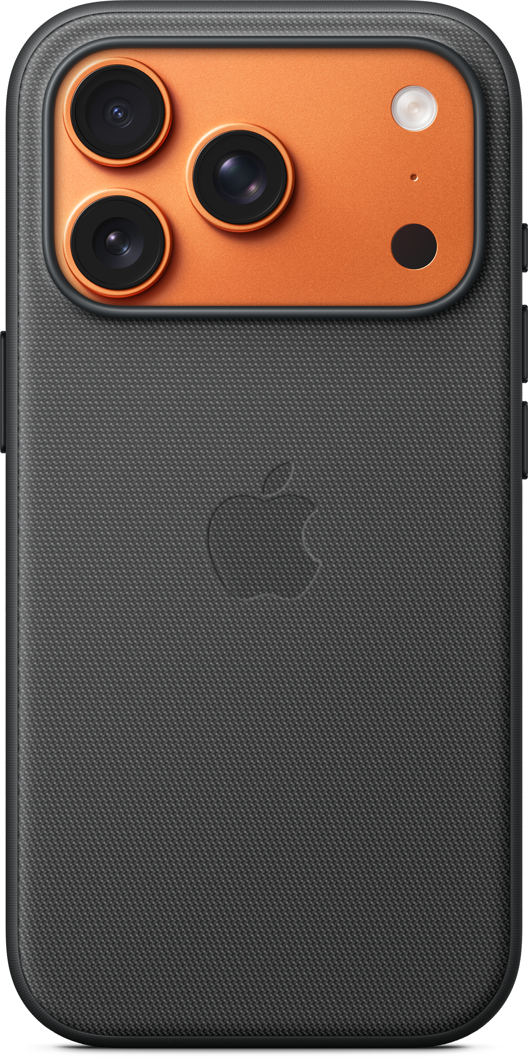 Retro di uno smartphone. Dispone di tre obiettivi e un flash su sfondo arancione. Il telefono ha un retro strutturato grigio scuro, con un logo Apple.