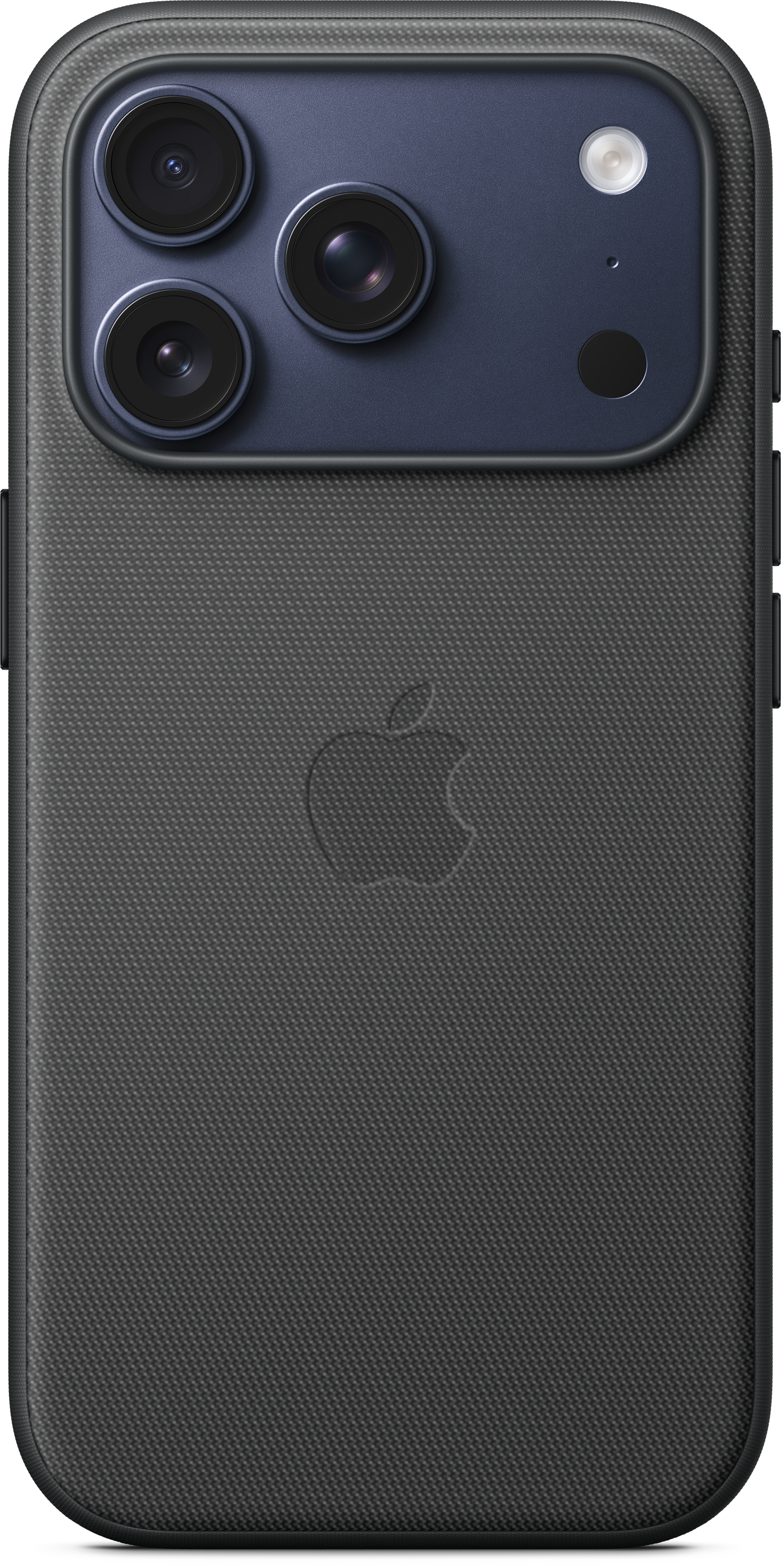 Primo piano di una custodia per telefono. Presenta un modulo fotocamera con tre obiettivi, un flash e un logo Apple.