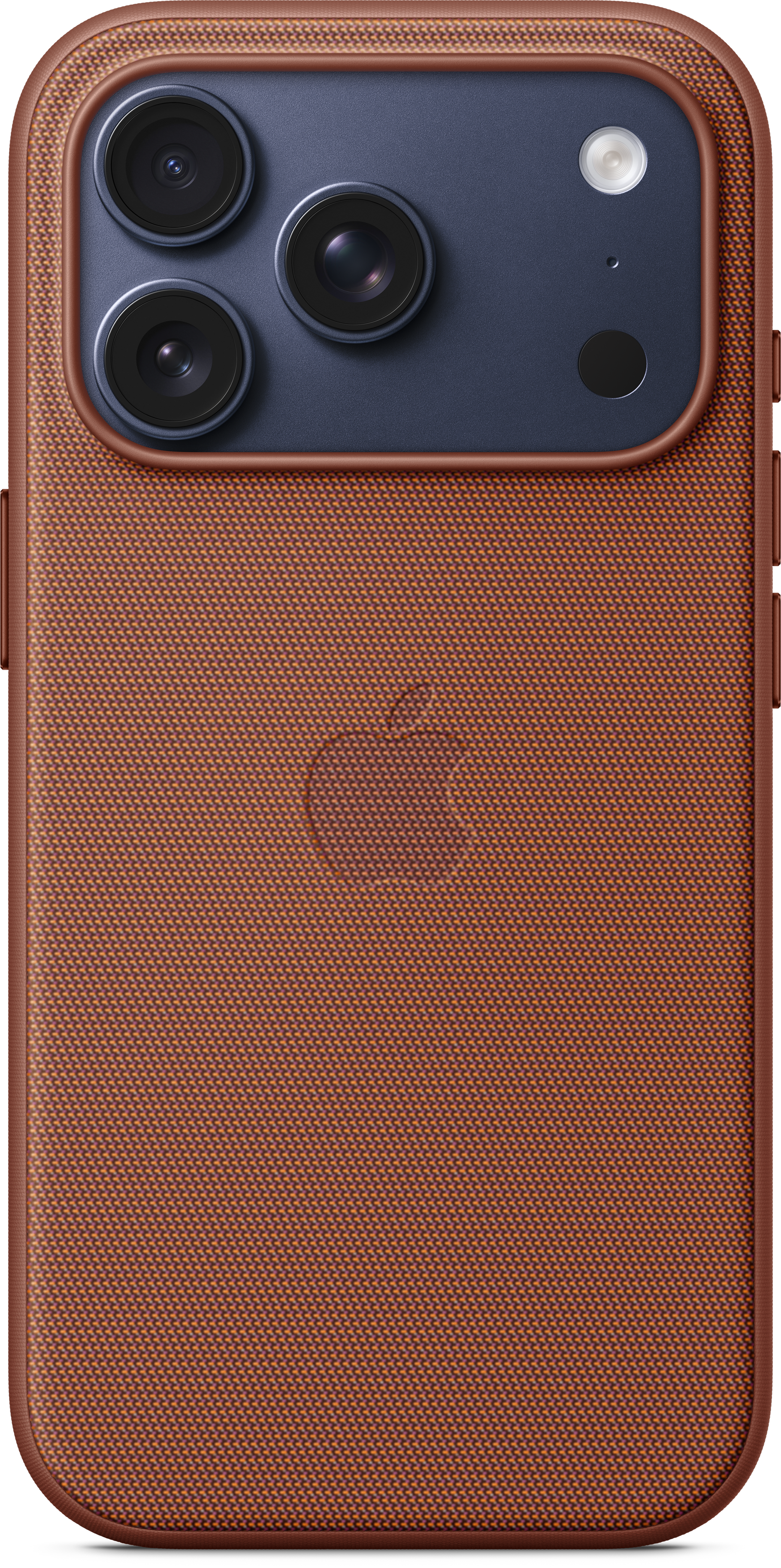 Ein braunes iPhone mit strukturierter Rückseite und einem dunkelblauen Kameramodul mit drei Linsen und einem Blitz.
