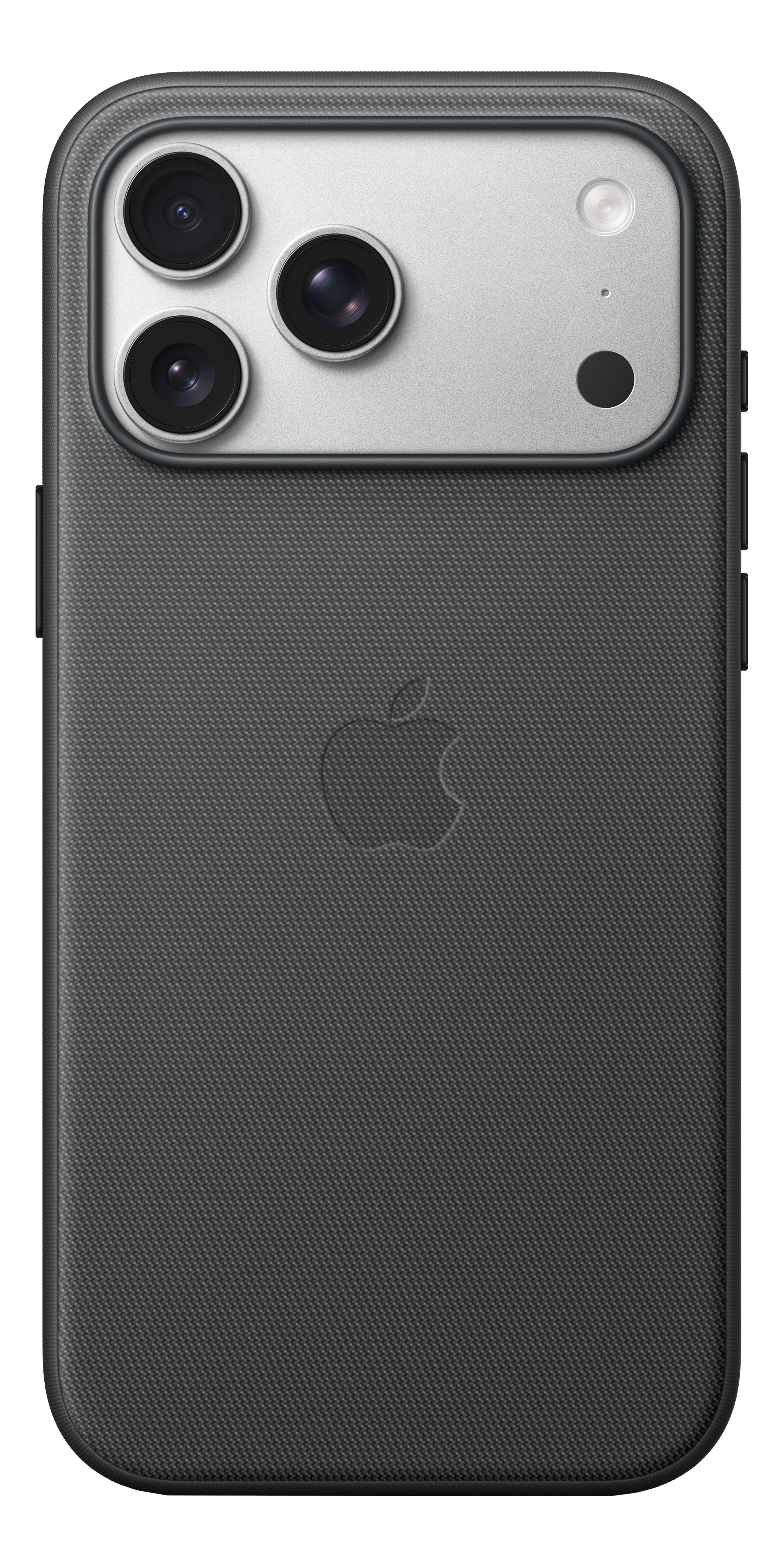 Dos d'un iPhone gris foncé avec trois objectifs de caméra, un flash et un logo Apple. Le téléphone est dans un étui texturé.
