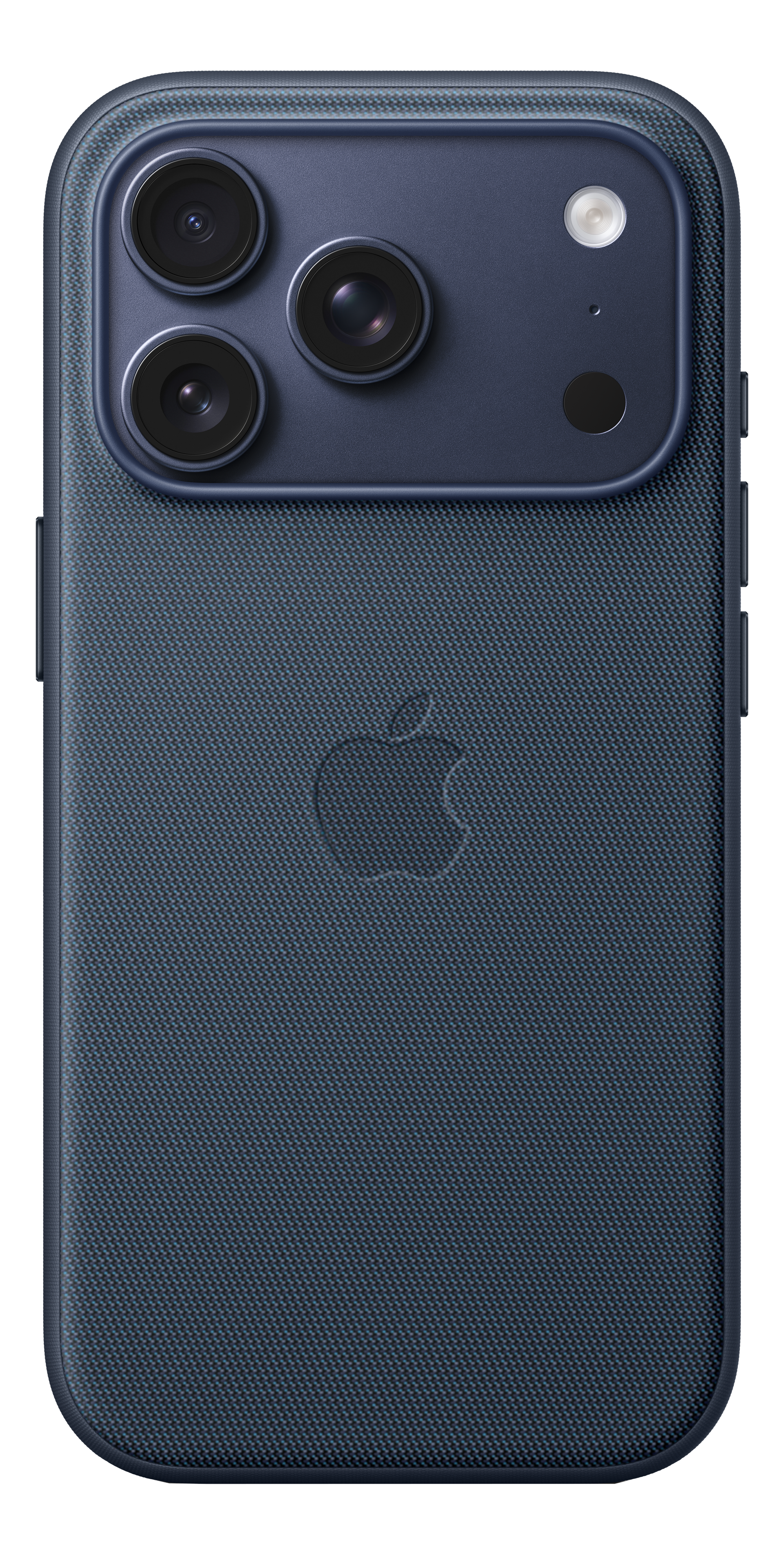Rückseite eines dunkelblauen iPhones mit drei Kameralinsen, einem Blitz und einem Apple-Logo. Die Rückseite hat ein Muster.